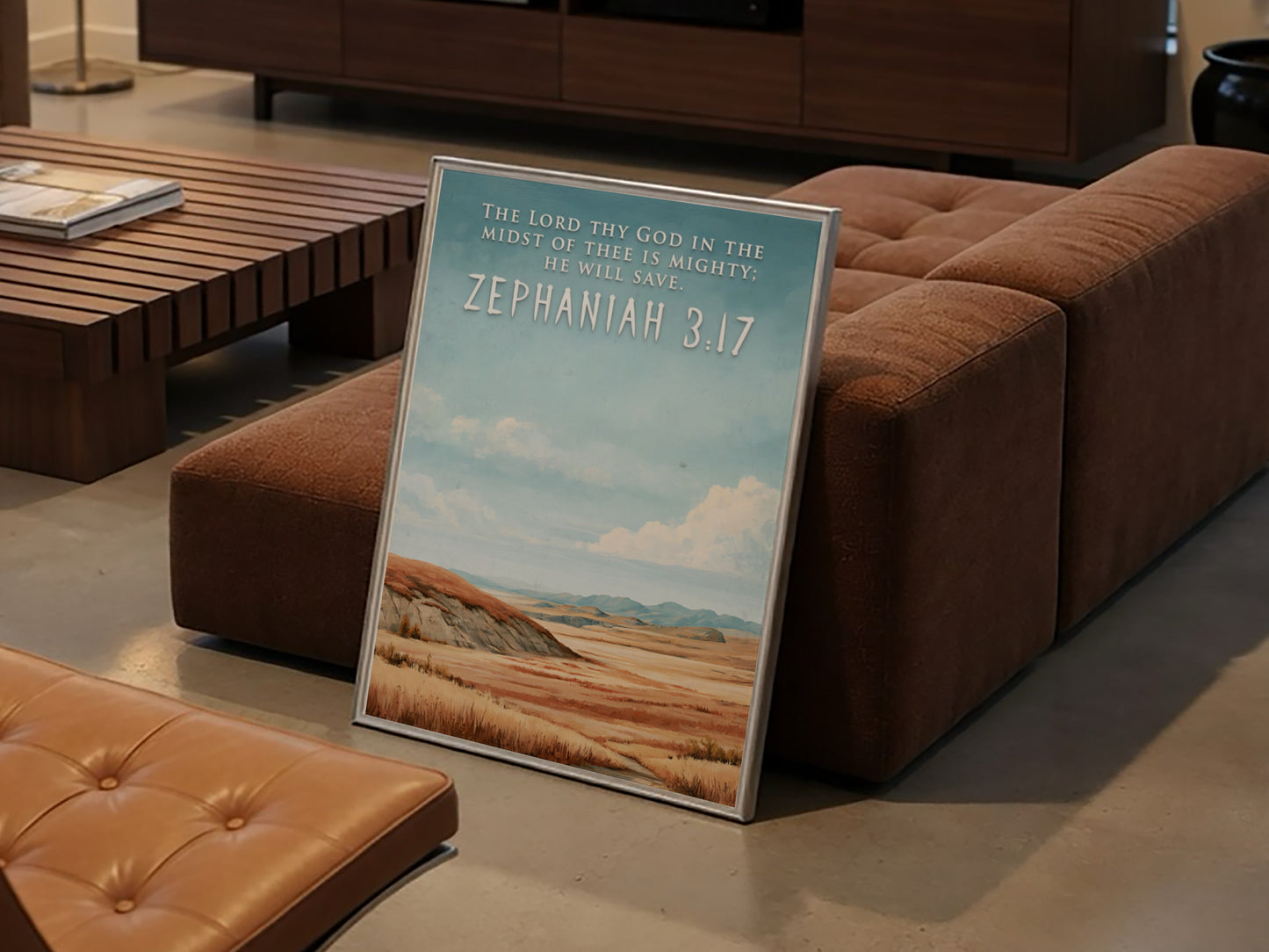 Poster featuring a golden prairie landscape under a blue sky with Zephaniah 3:17 text.