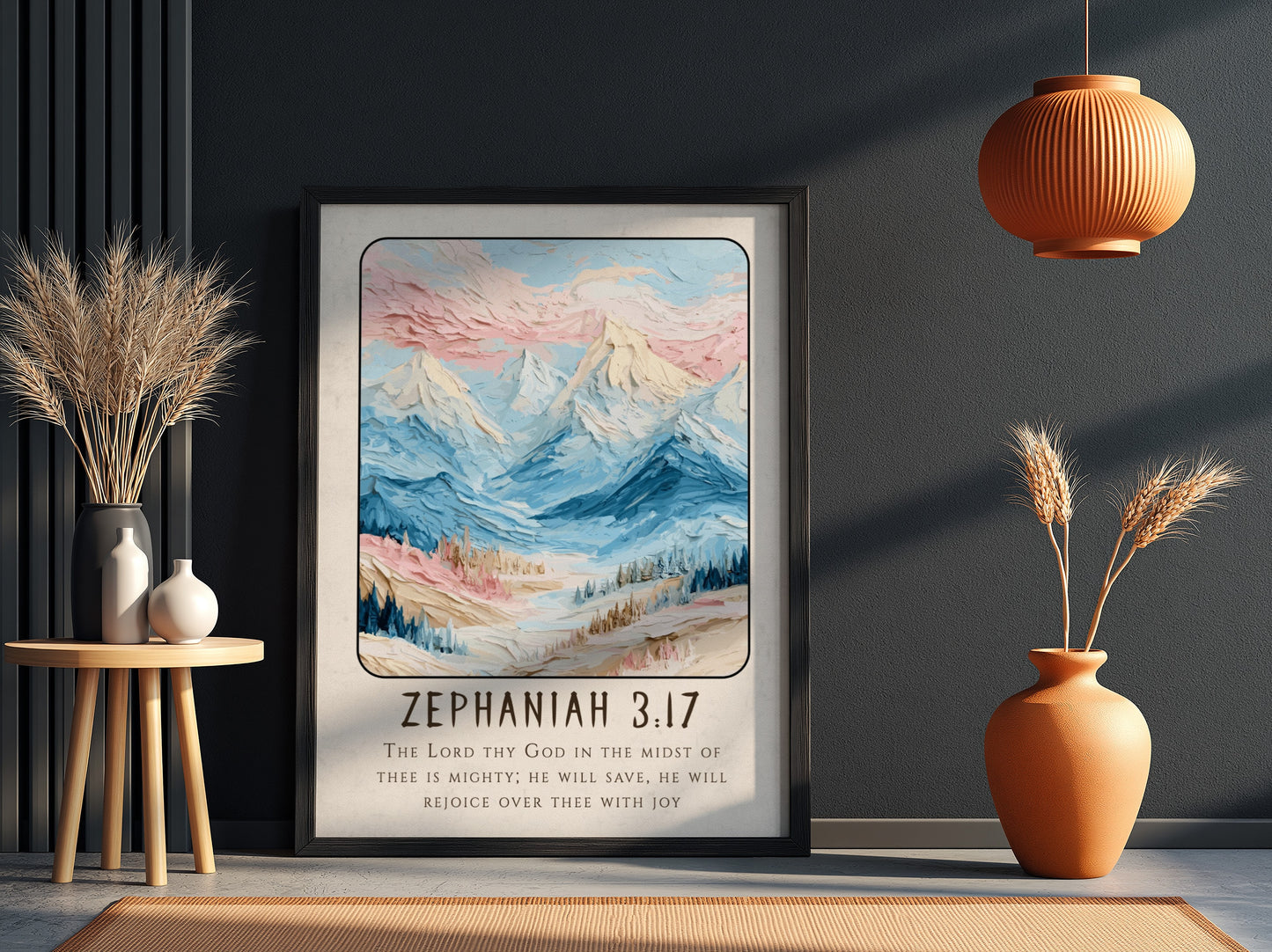 Zephaniah 3:17 poster featuring soft pastel mountains and scriptural verse, perfect for religious decor.