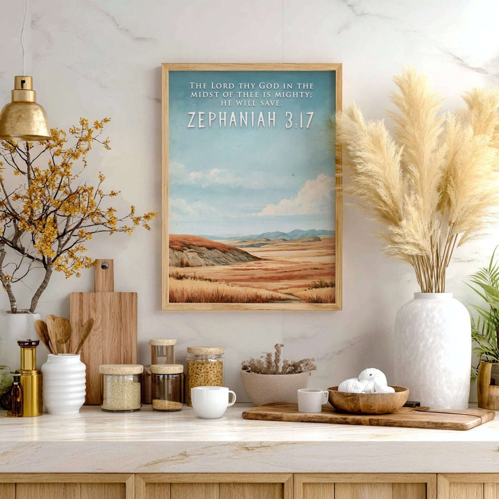 Poster featuring a golden prairie landscape under a blue sky with Zephaniah 3:17 text.