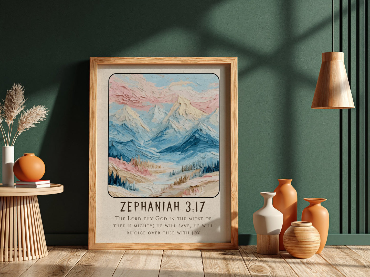 Zephaniah 3:17 poster featuring soft pastel mountains and scriptural verse, perfect for religious decor.
