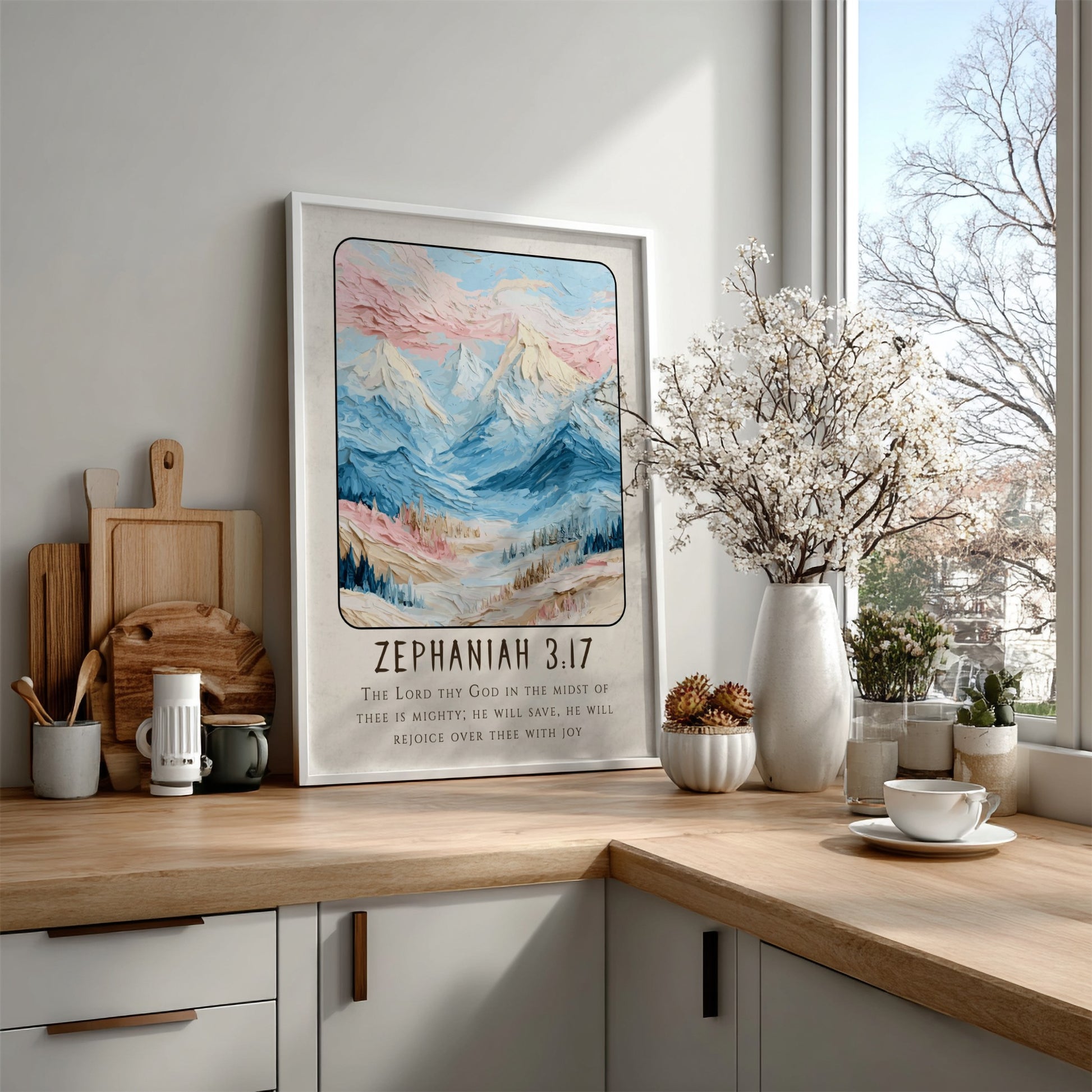 Zephaniah 3:17 poster featuring soft pastel mountains and scriptural verse, perfect for religious decor.