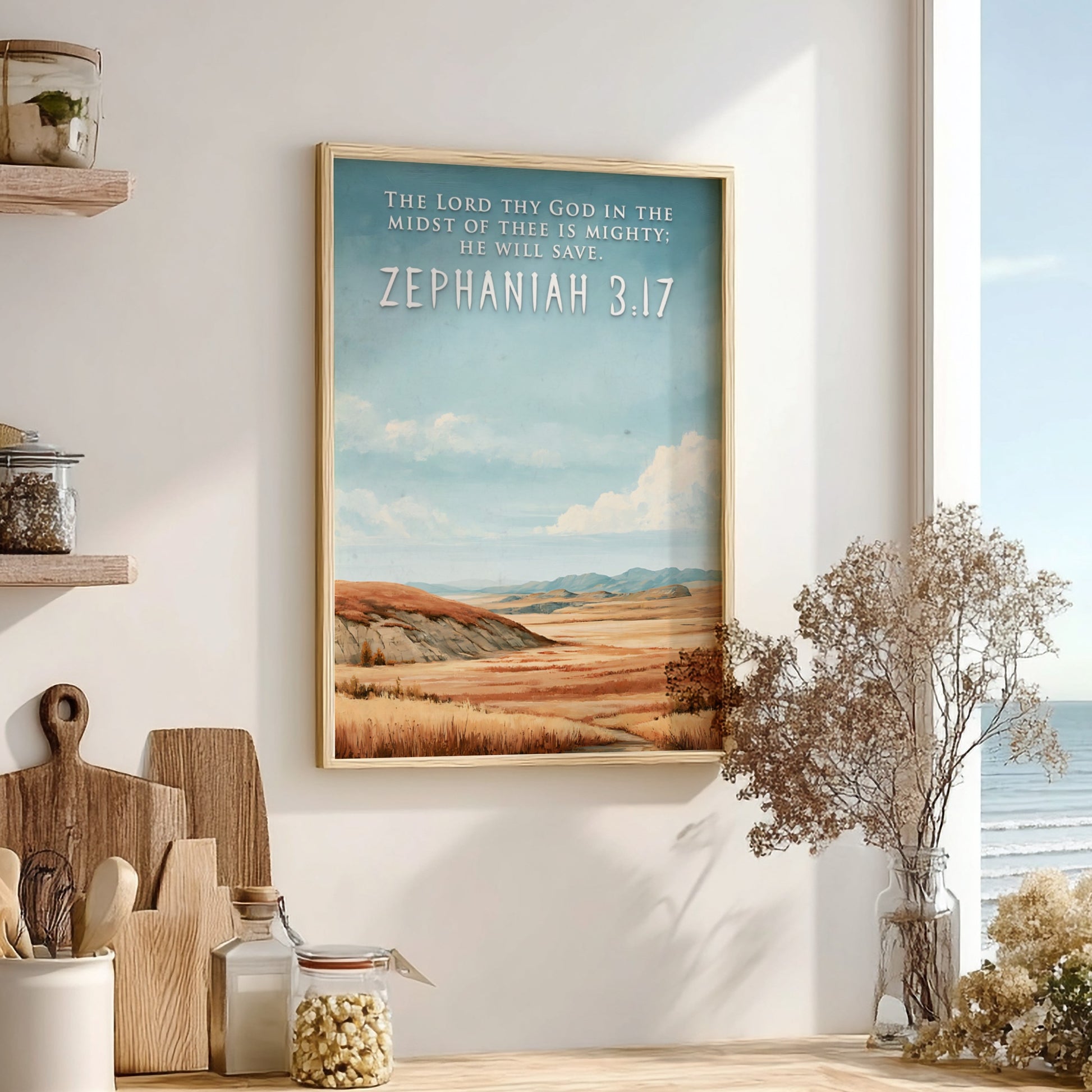 Poster featuring a golden prairie landscape under a blue sky with Zephaniah 3:17 text.