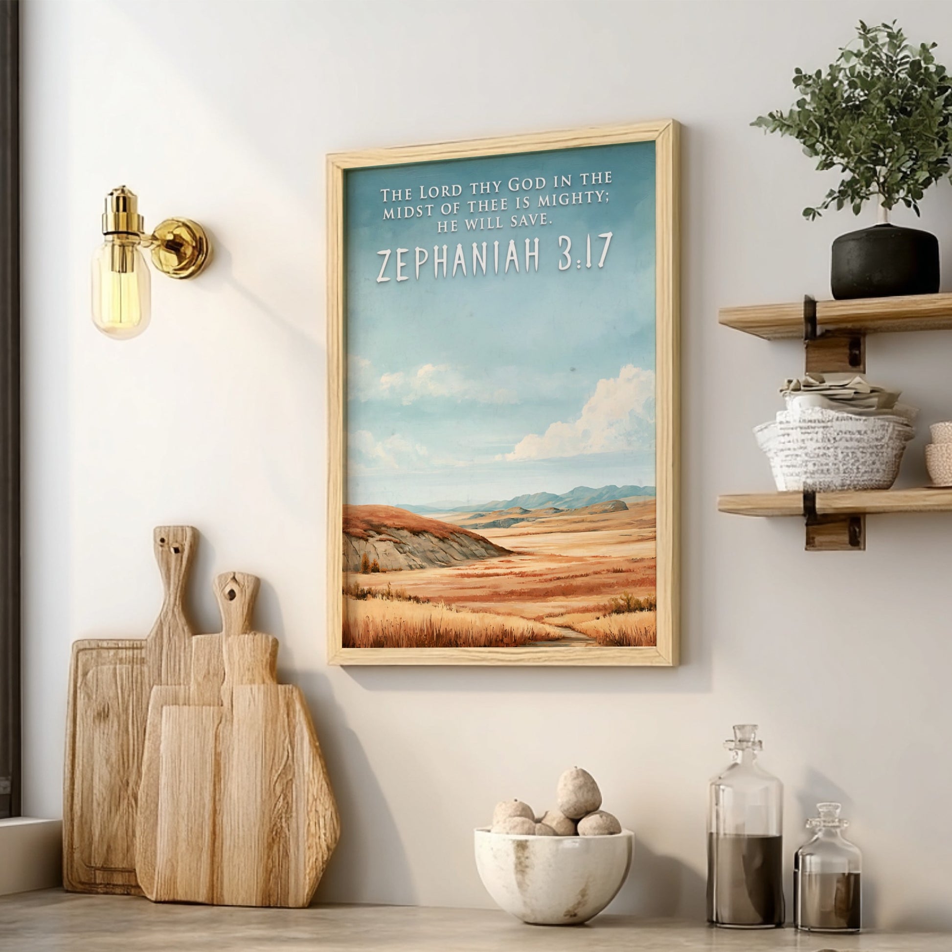 Poster featuring a golden prairie landscape under a blue sky with Zephaniah 3:17 text.