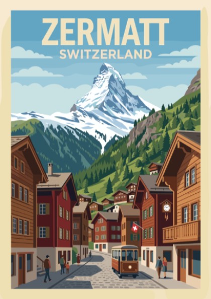 Zermatt Switzerland travel poster showing the Matterhorn mountain above a charming village street.