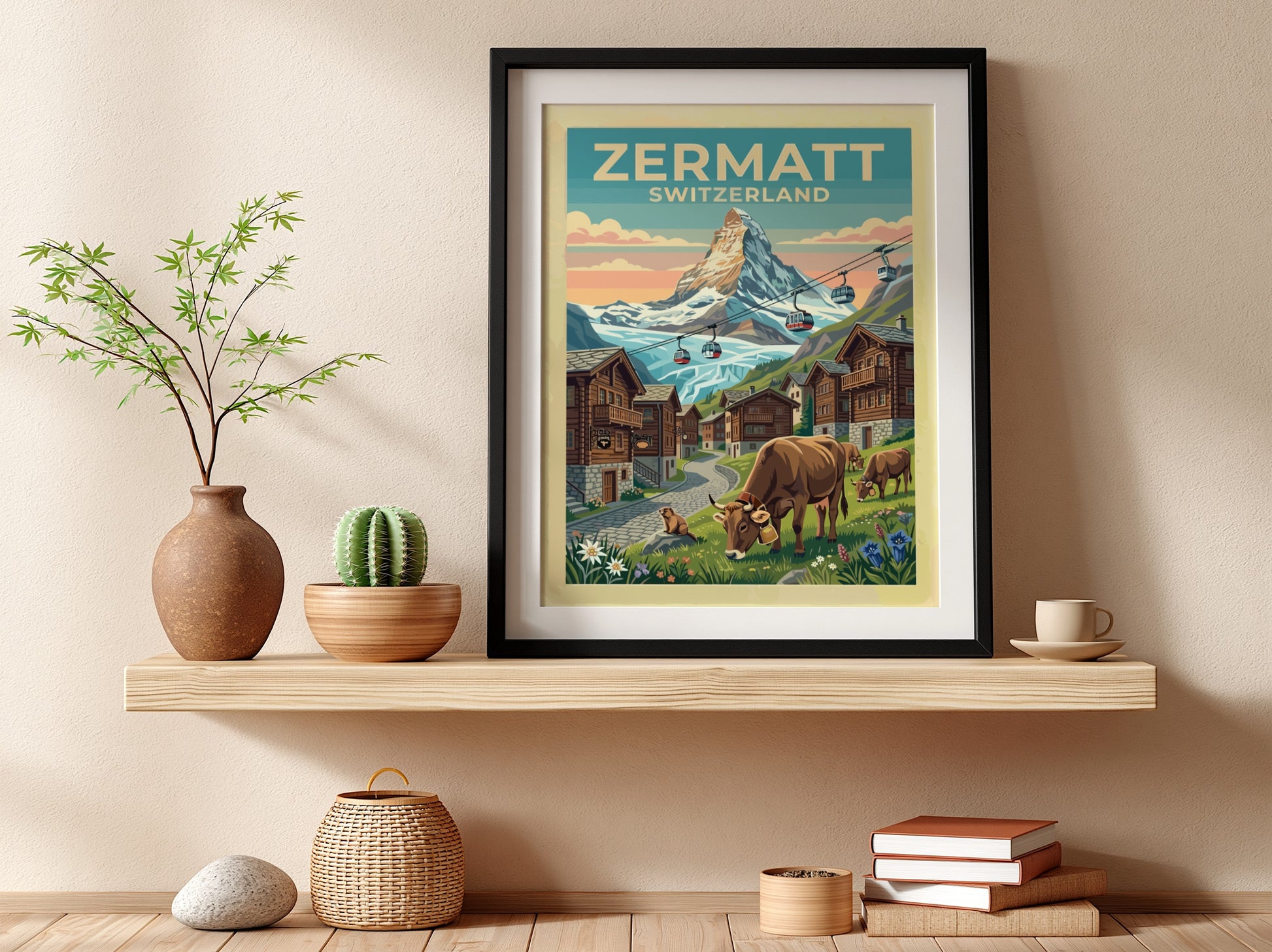 Travel poster featuring the Zermatt Switzerland Matterhorn peak, red cable cars, and cows.