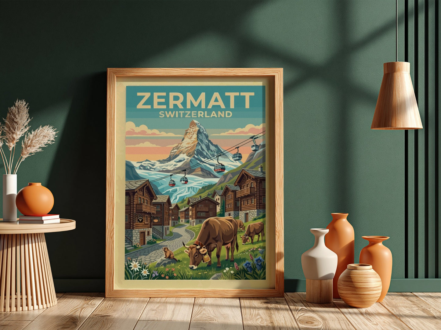 Travel poster featuring the Zermatt Switzerland Matterhorn peak, red cable cars, and cows.