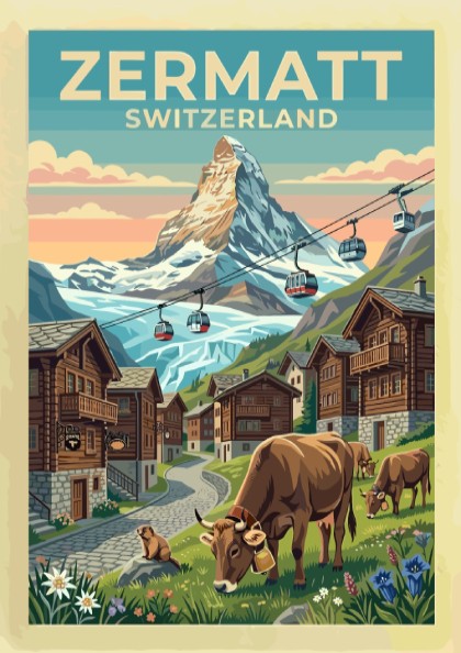 Travel poster featuring the Zermatt Switzerland Matterhorn peak, red cable cars, and cows.