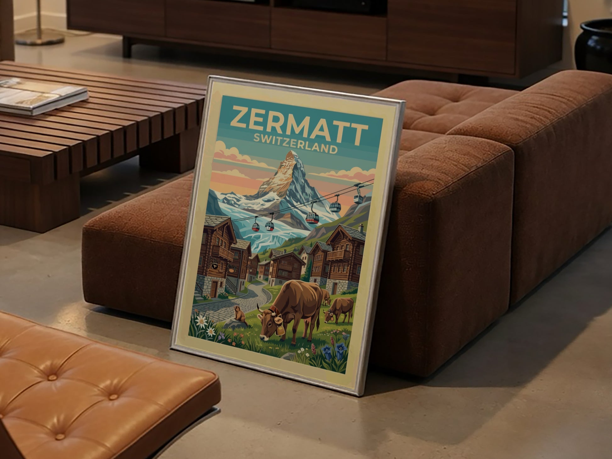 Travel poster featuring the Zermatt Switzerland Matterhorn peak, red cable cars, and cows.