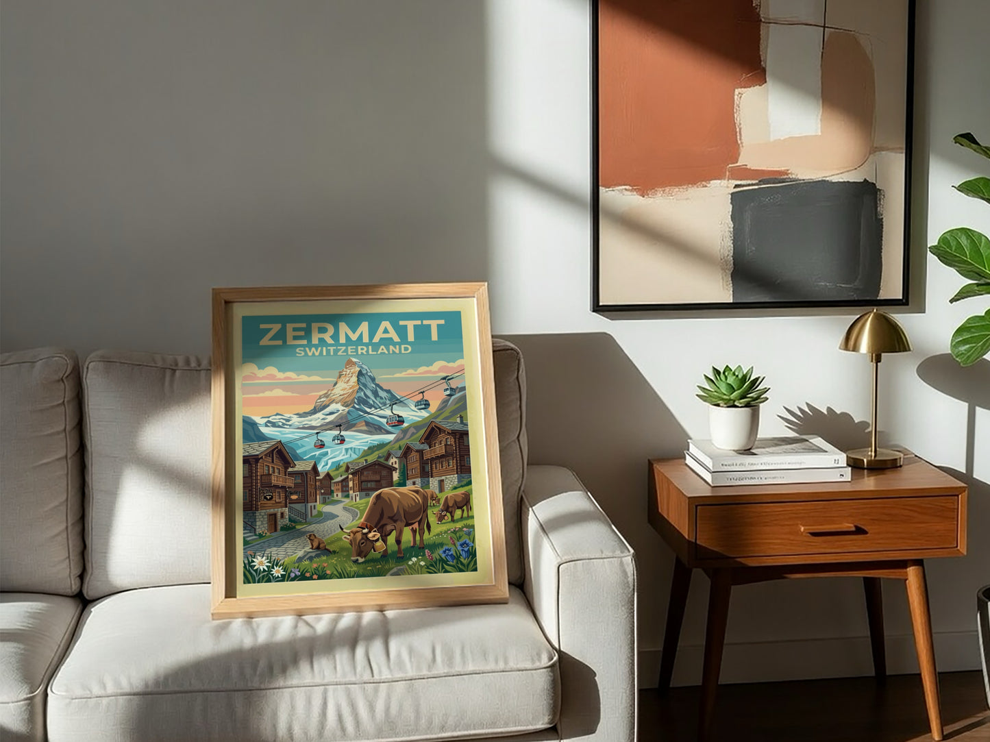 Travel poster featuring the Zermatt Switzerland Matterhorn peak, red cable cars, and cows.