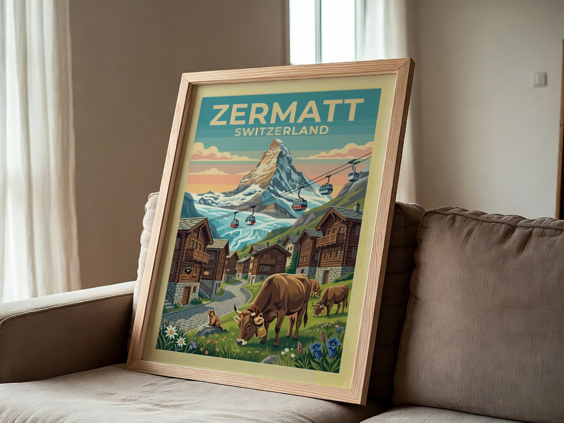 Travel poster featuring the Zermatt Switzerland Matterhorn peak, red cable cars, and cows.