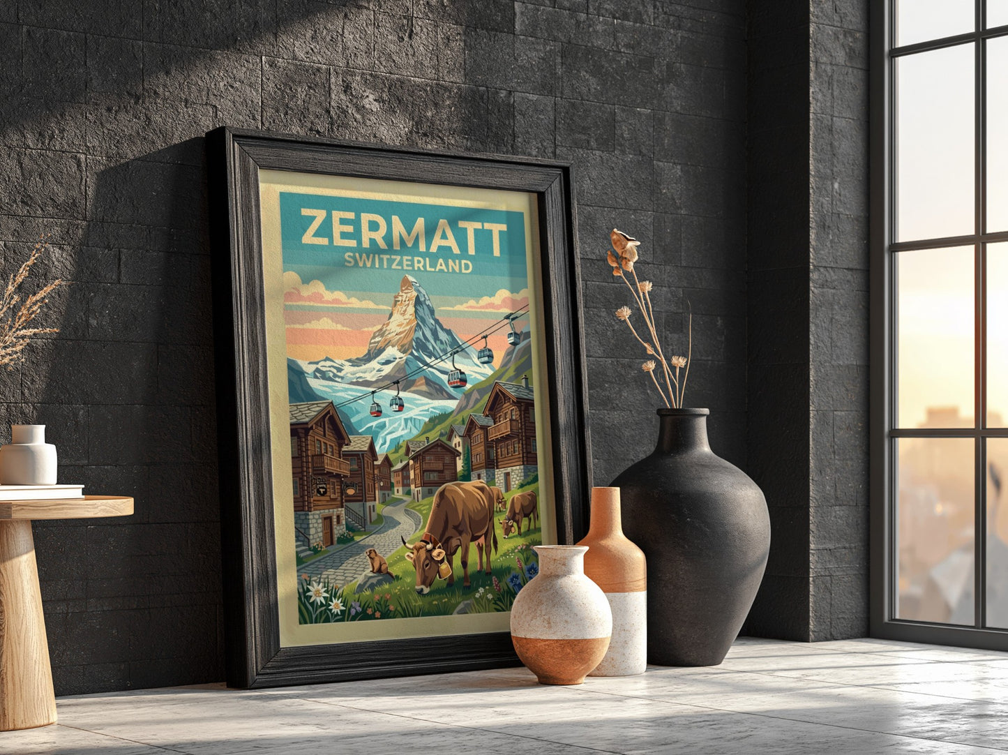 Travel poster featuring the Zermatt Switzerland Matterhorn peak, red cable cars, and cows.