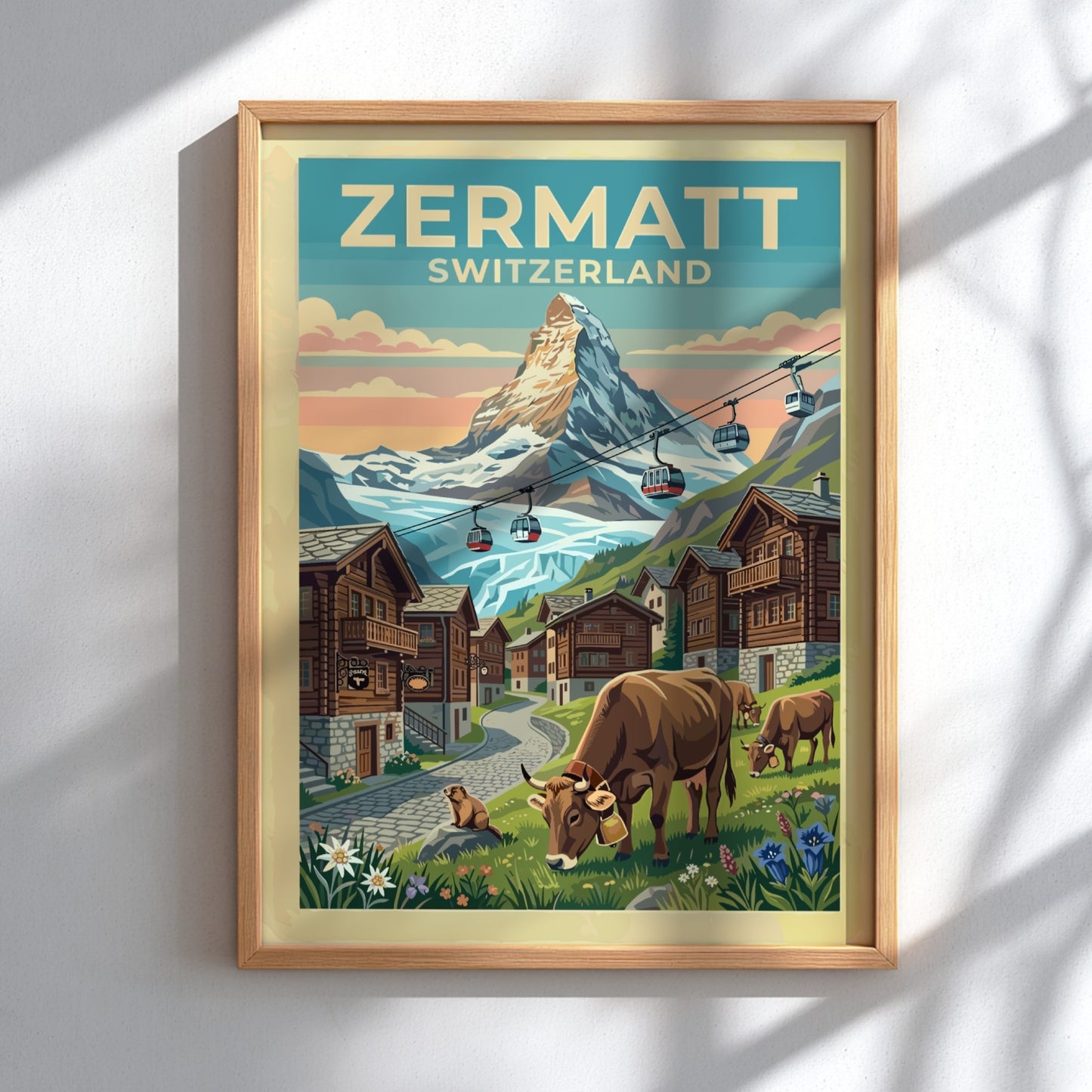 Travel poster featuring the Zermatt Switzerland Matterhorn peak, red cable cars, and cows.