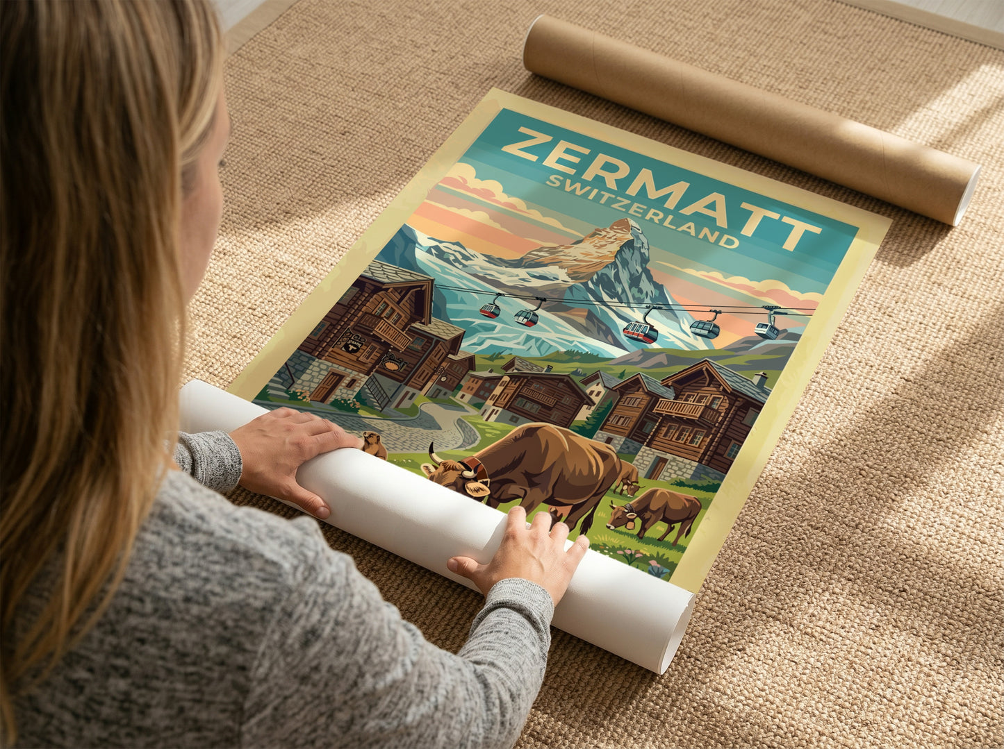 Travel poster featuring the Zermatt Switzerland Matterhorn peak, red cable cars, and cows.