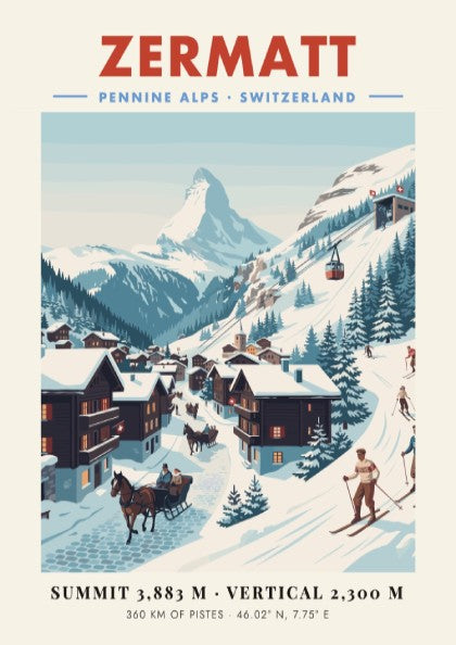 Zermatt ski resort poster featuring vintage style, snow-covered chalets, and the Matterhorn in soft colors