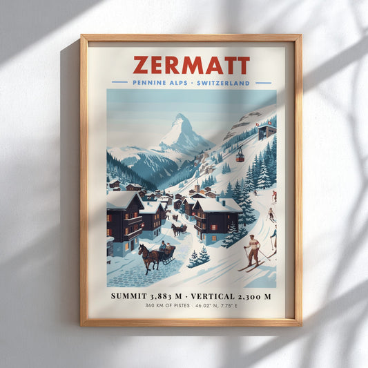 Zermatt ski resort poster featuring vintage style, snow-covered chalets, and the Matterhorn in soft colors