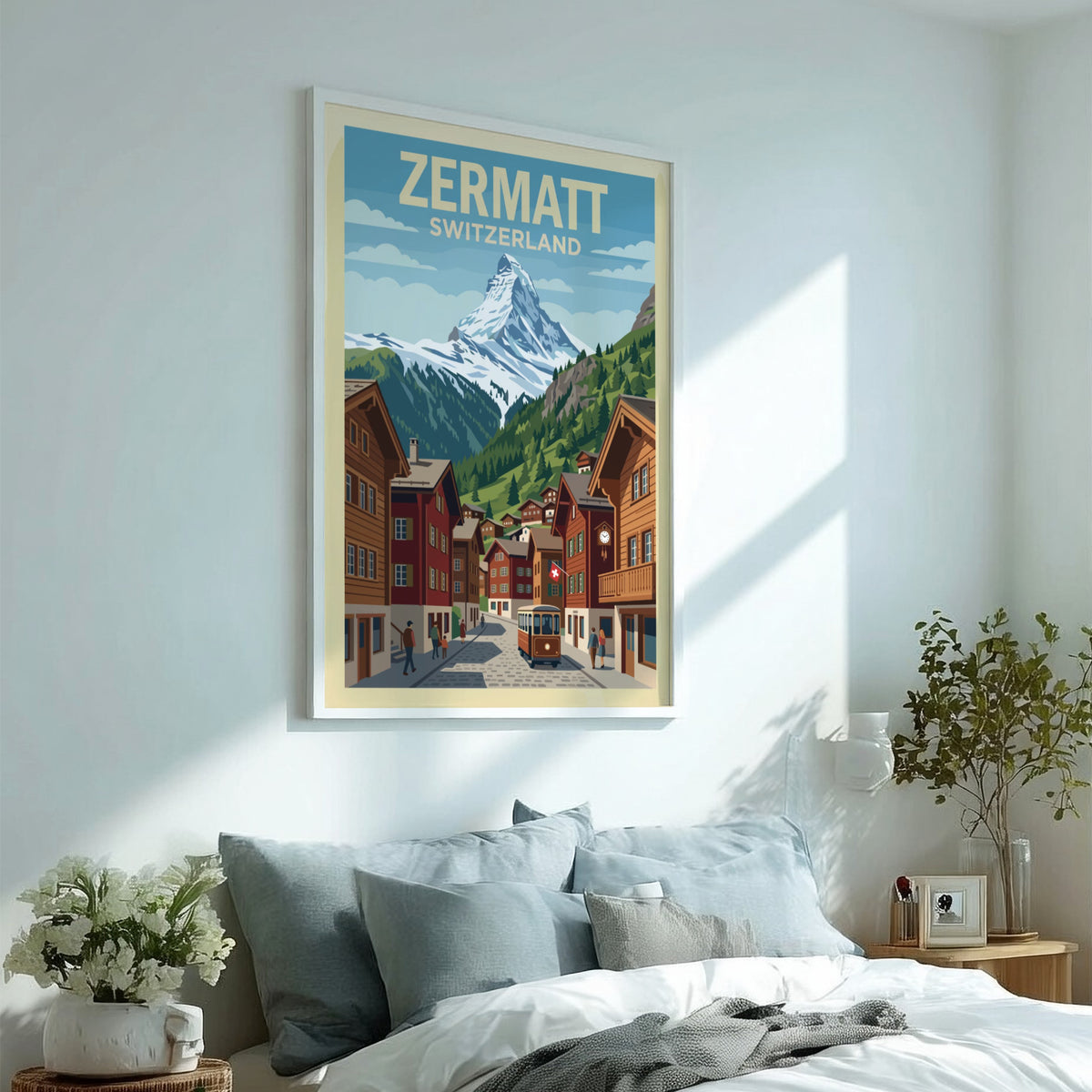 Zermatt Switzerland travel poster showing the Matterhorn mountain above a charming village street.
