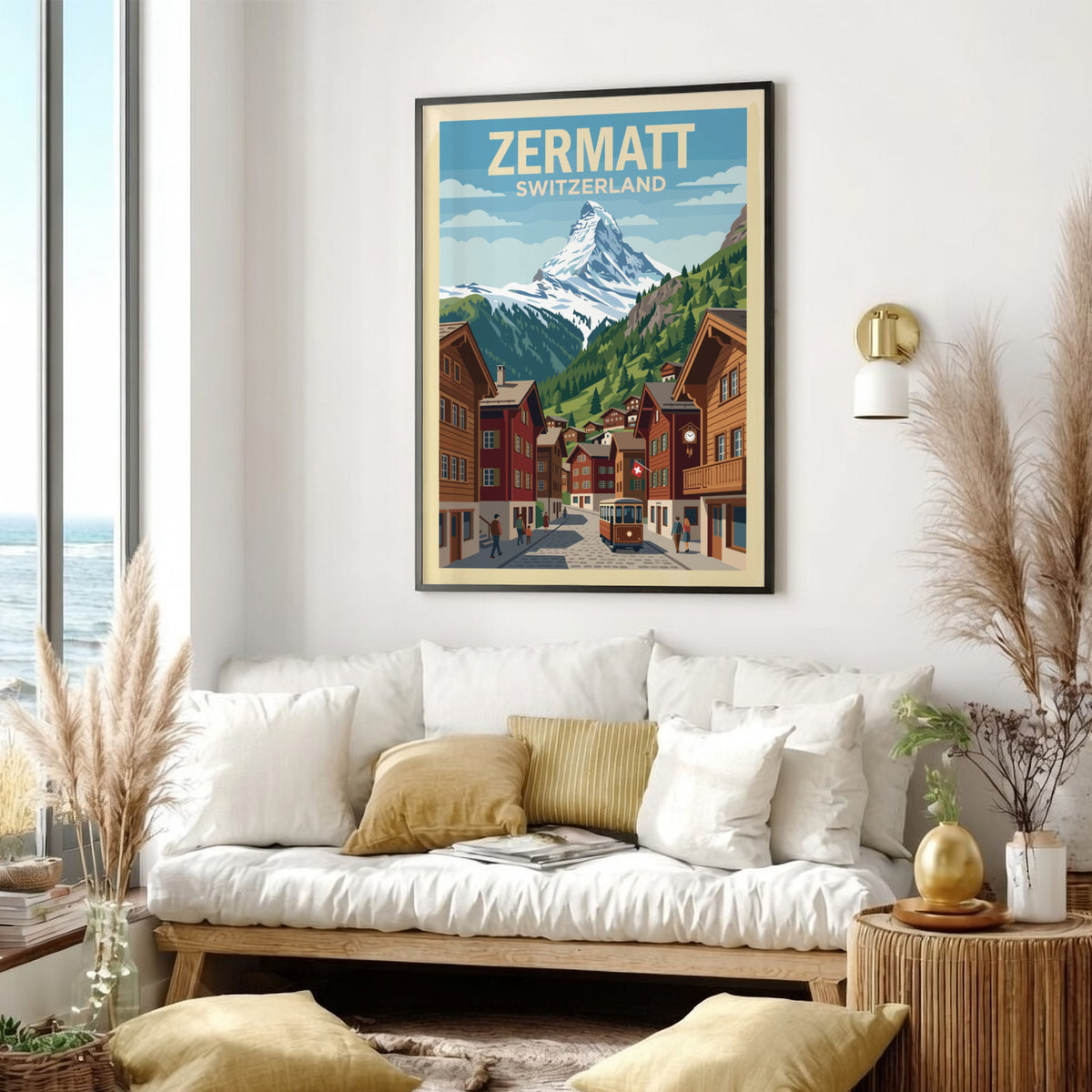 Zermatt Switzerland travel poster showing the Matterhorn mountain above a charming village street.