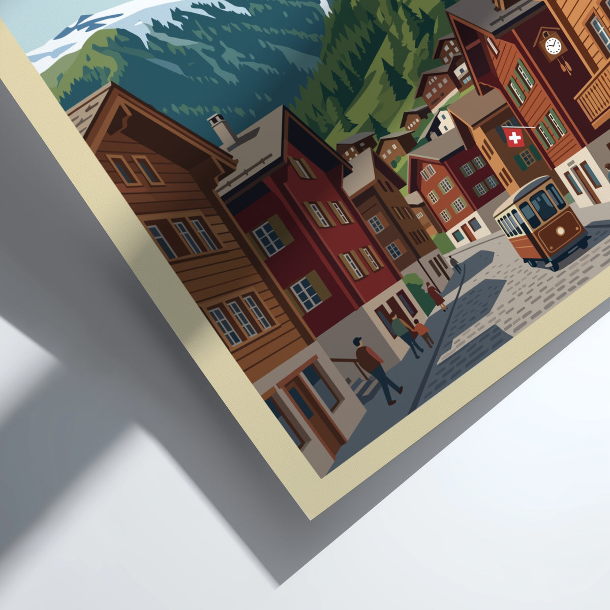Zermatt Switzerland travel poster showing the Matterhorn mountain above a charming village street.