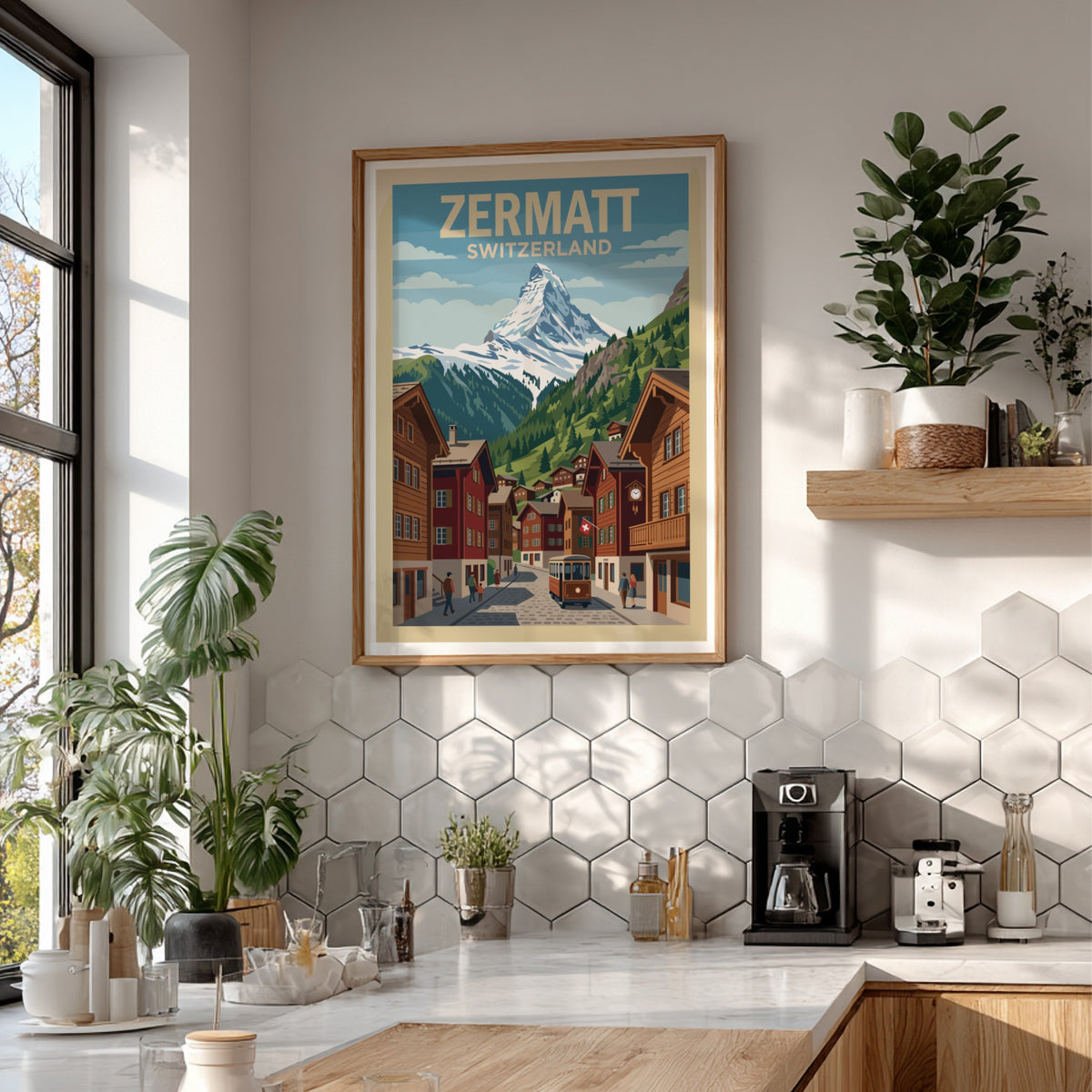 Zermatt Switzerland travel poster showing the Matterhorn mountain above a charming village street.