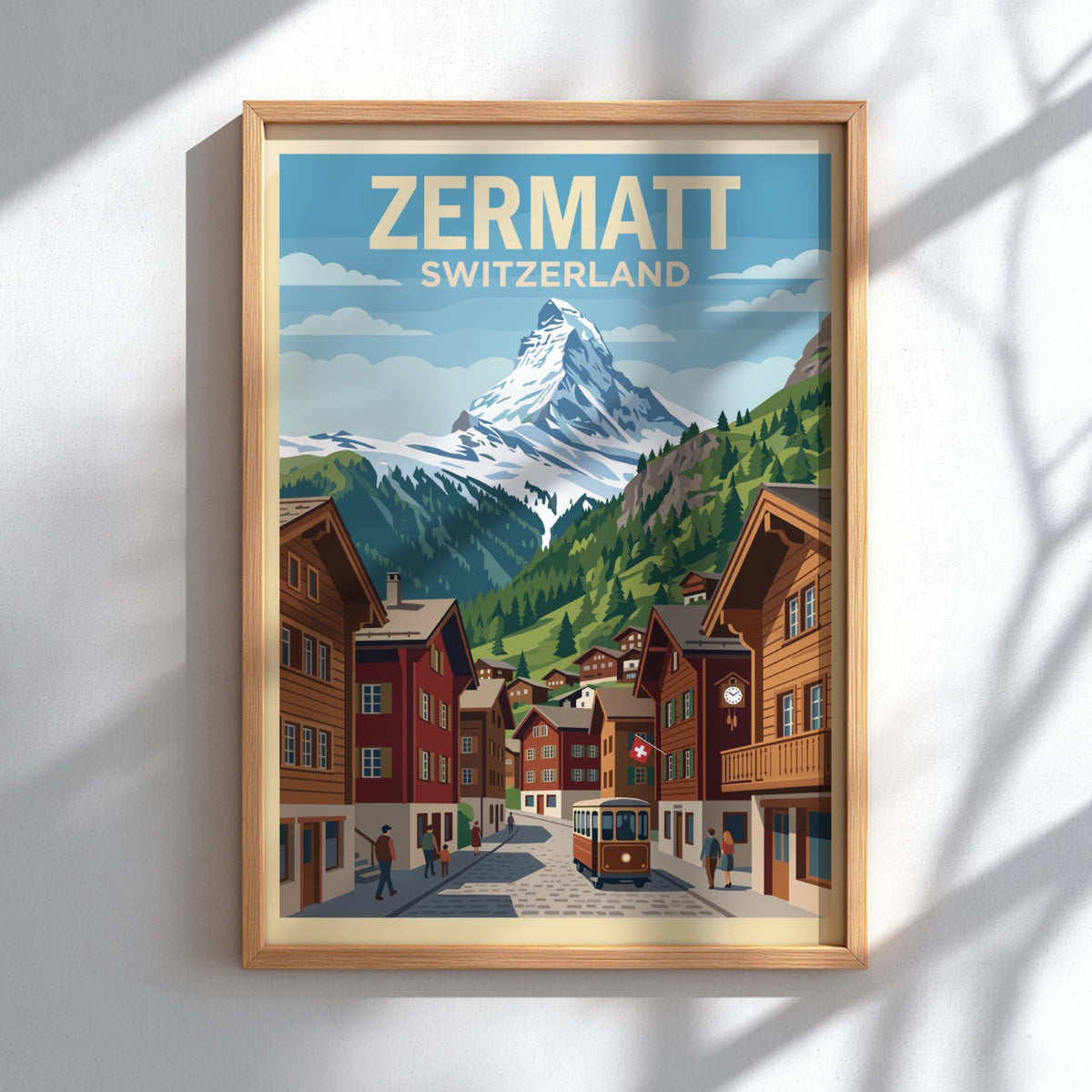 Zermatt Switzerland travel poster showing the Matterhorn mountain above a charming village street.