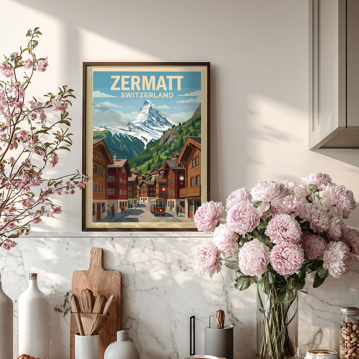 Zermatt Switzerland travel poster showing the Matterhorn mountain above a charming village street.