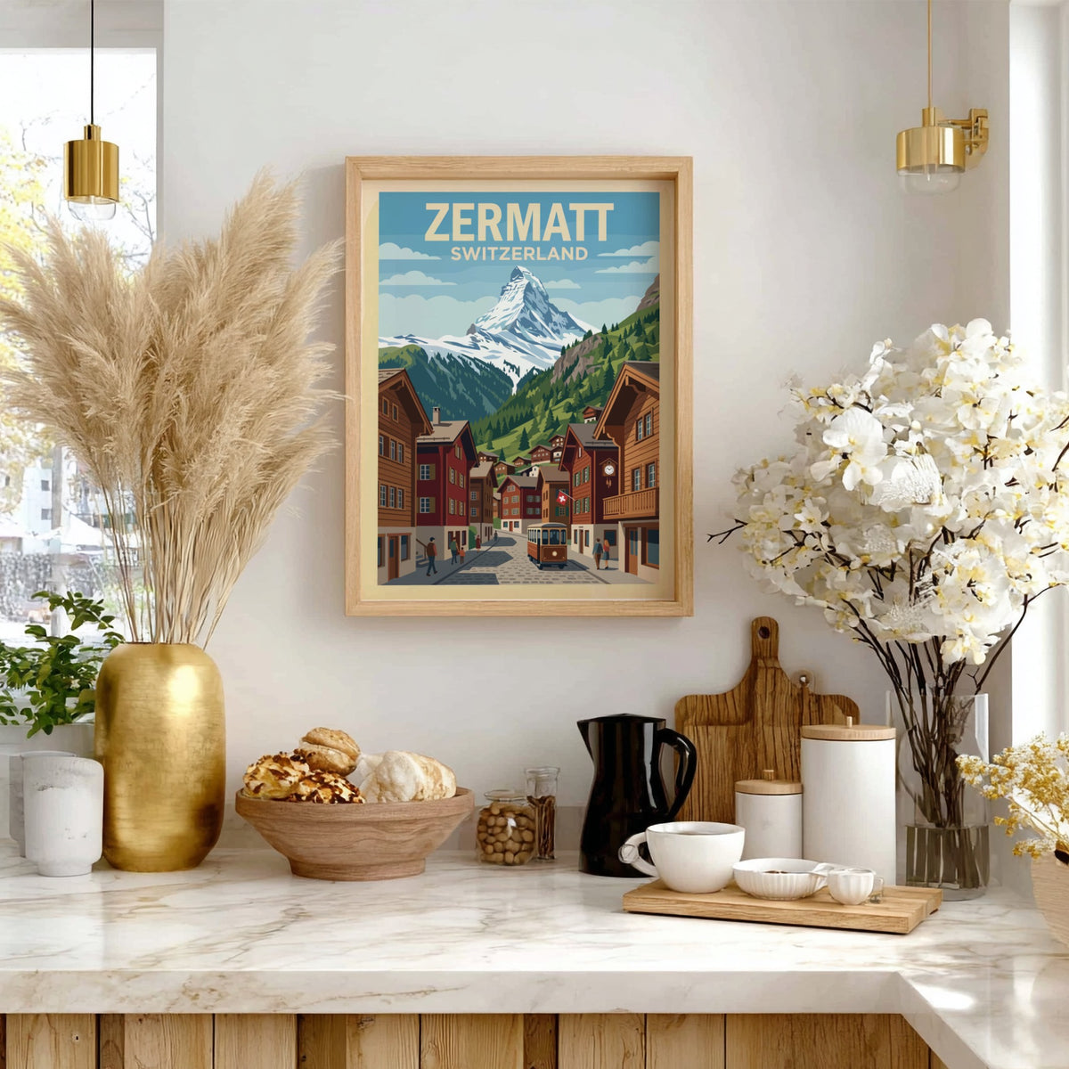 Zermatt Switzerland travel poster showing the Matterhorn mountain above a charming village street.