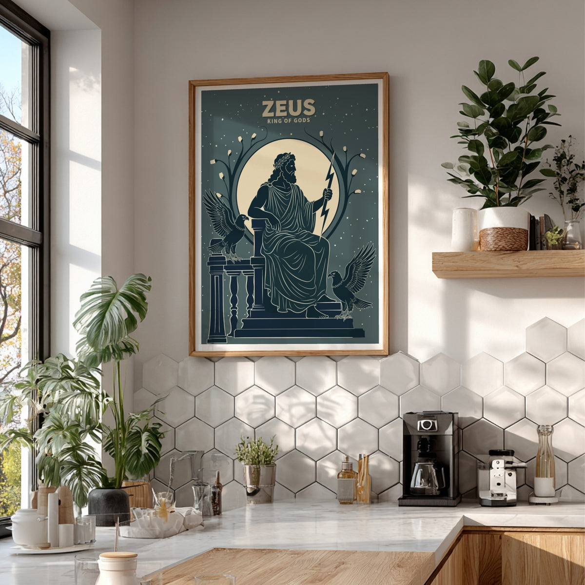 Poster featuring Zeus as King of Gods in slate blue with lightning and eagles