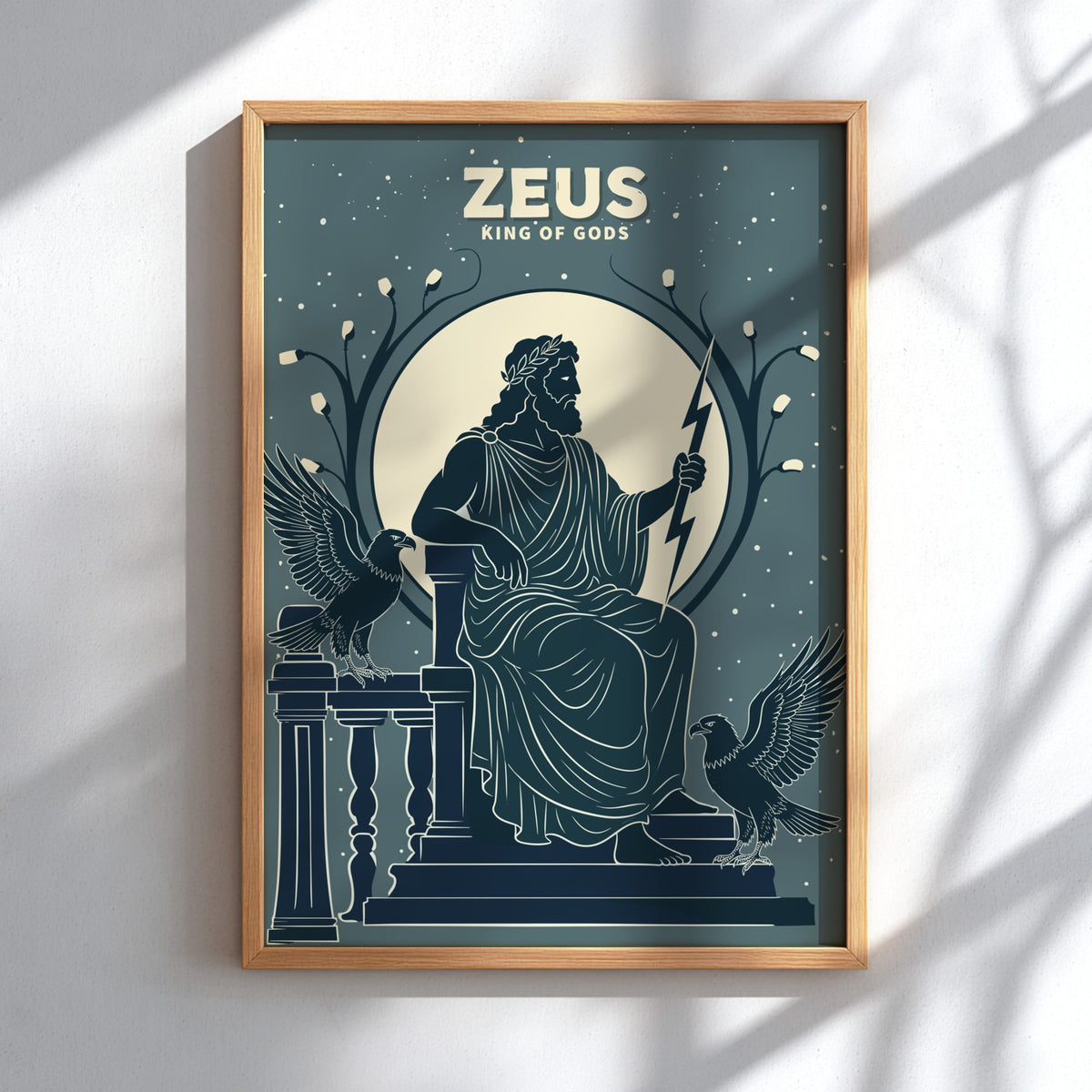 Poster featuring Zeus as King of Gods in slate blue with lightning and eagles