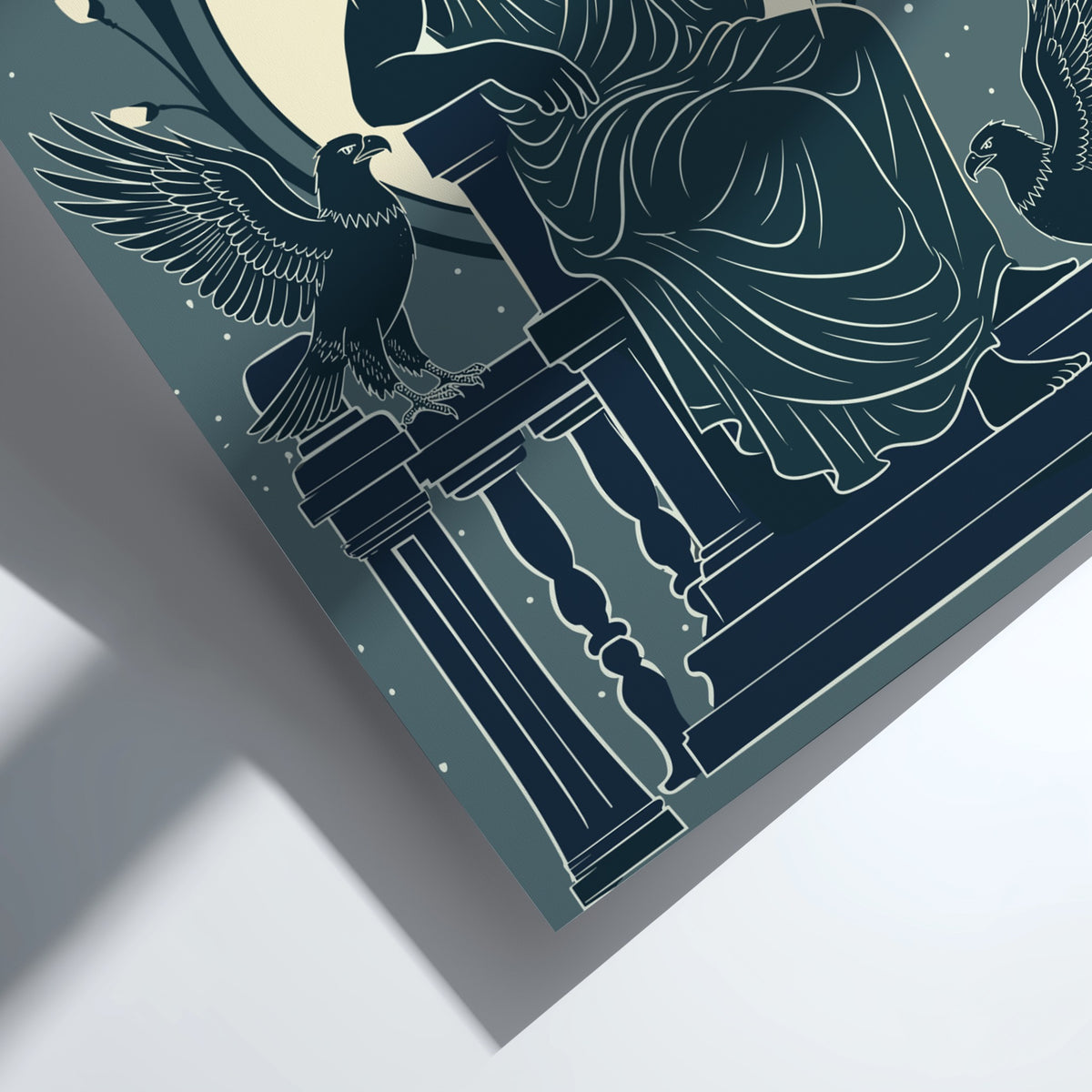 Poster featuring Zeus as King of Gods in slate blue with lightning and eagles