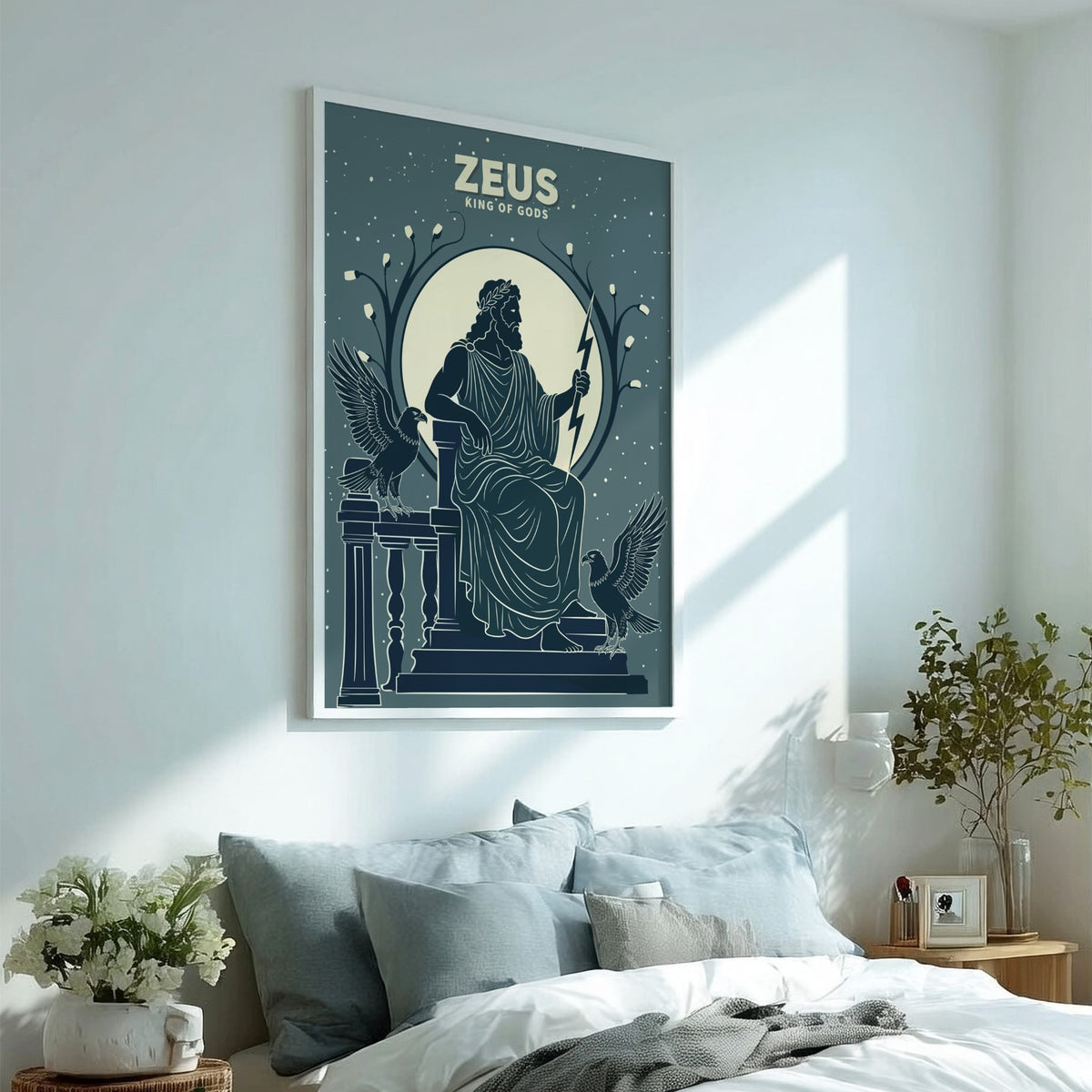 Poster featuring Zeus as King of Gods in slate blue with lightning and eagles