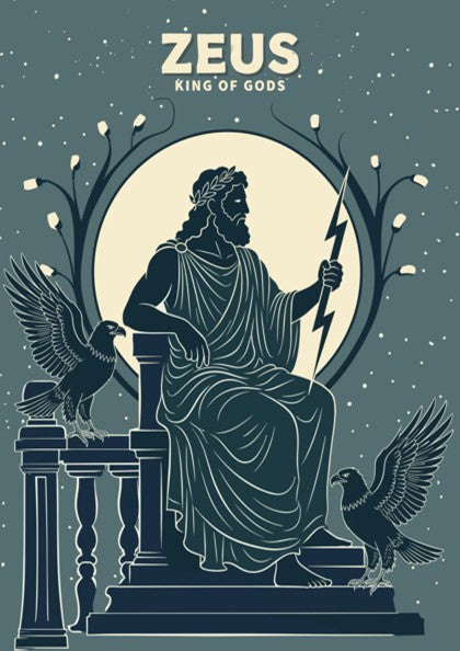 Poster featuring Zeus as King of Gods in slate blue with lightning and eagles