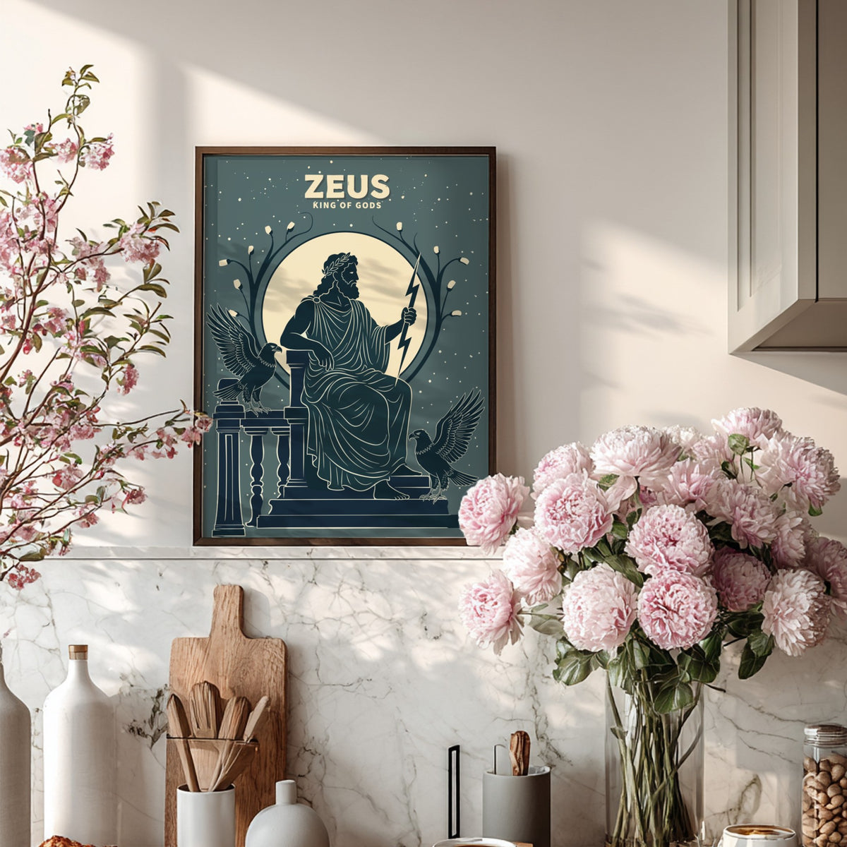 Poster featuring Zeus as King of Gods in slate blue with lightning and eagles