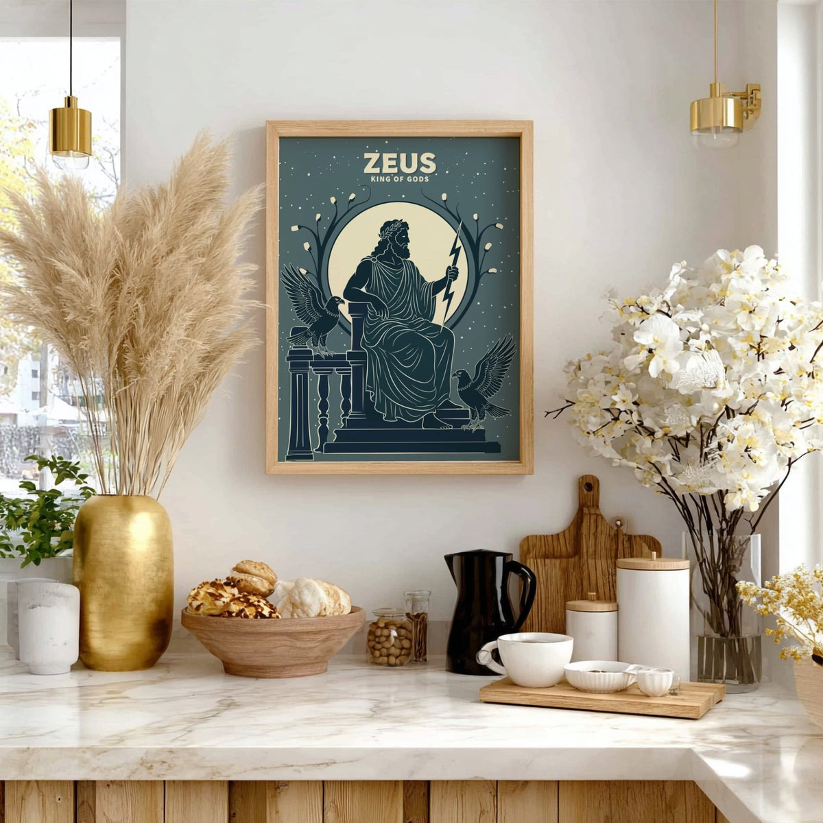 Poster featuring Zeus as King of Gods in slate blue with lightning and eagles