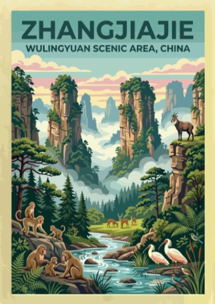 Travel poster featuring Zhangjiajie landscape with rock formations and wildlife in vintage style
