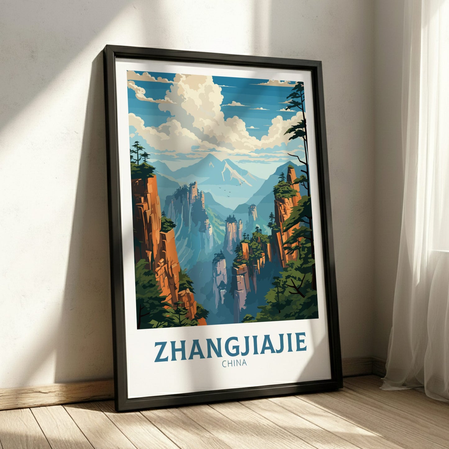 Framed poster of Zhangjiajie, China with scenic mountain landscape.