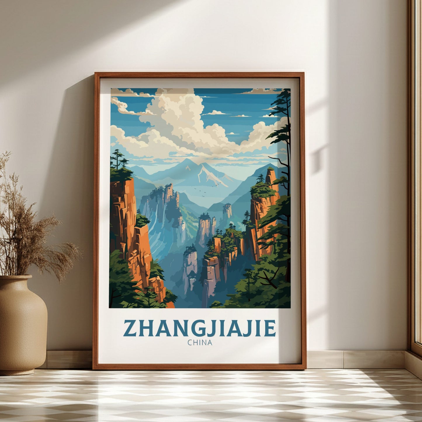 Framed poster of Zhangjiajie, China with scenic landscape on a wall.