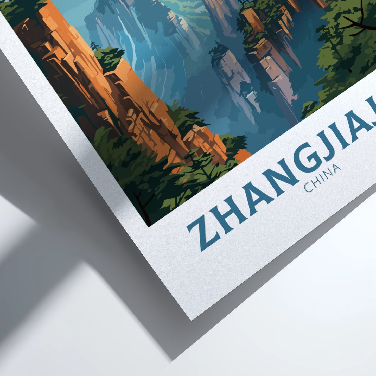 Poster of Zhangjiajie, China with a scenic landscape and 'Zhangjiajie China' text.