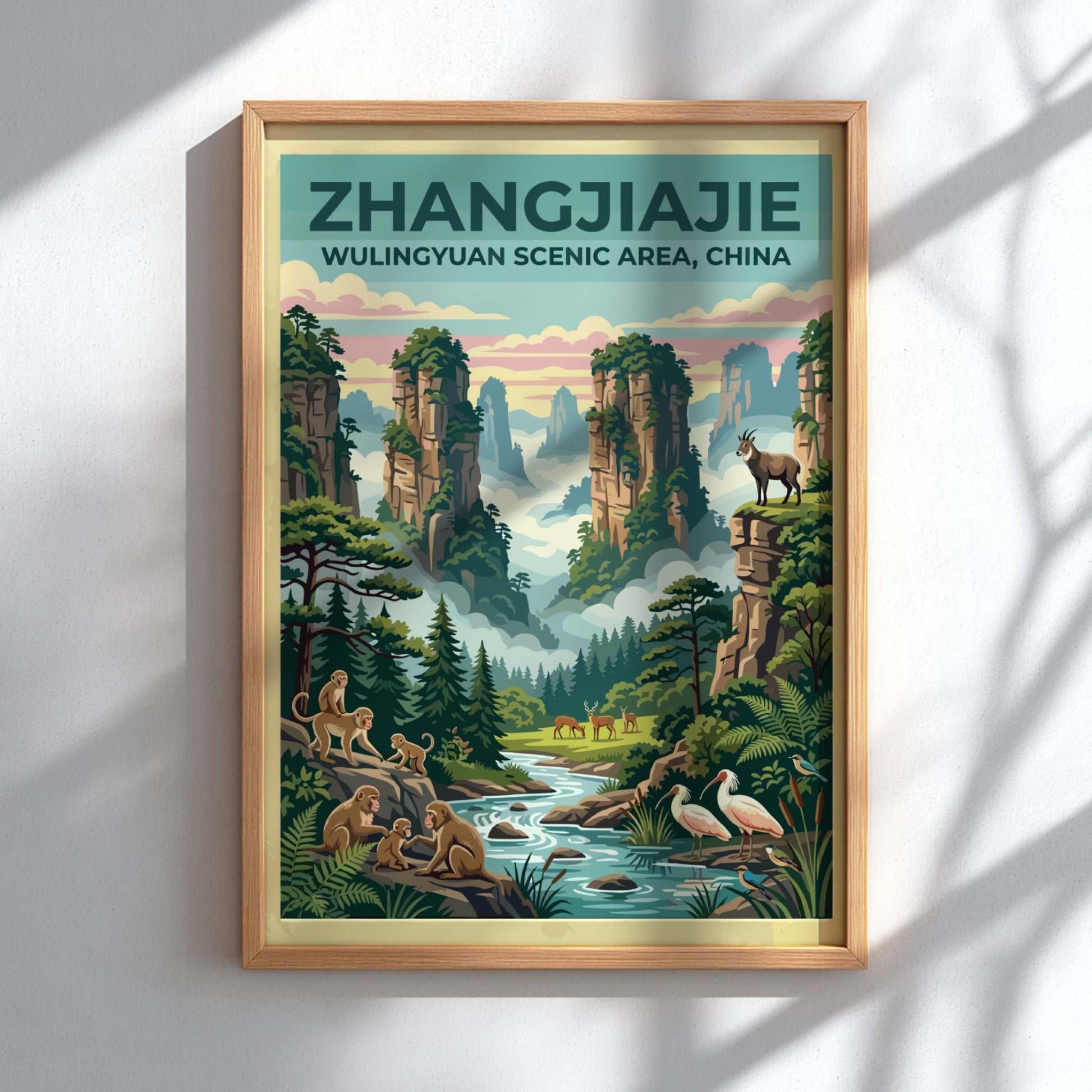 Travel poster featuring Zhangjiajie landscape with rock formations and wildlife in vintage style