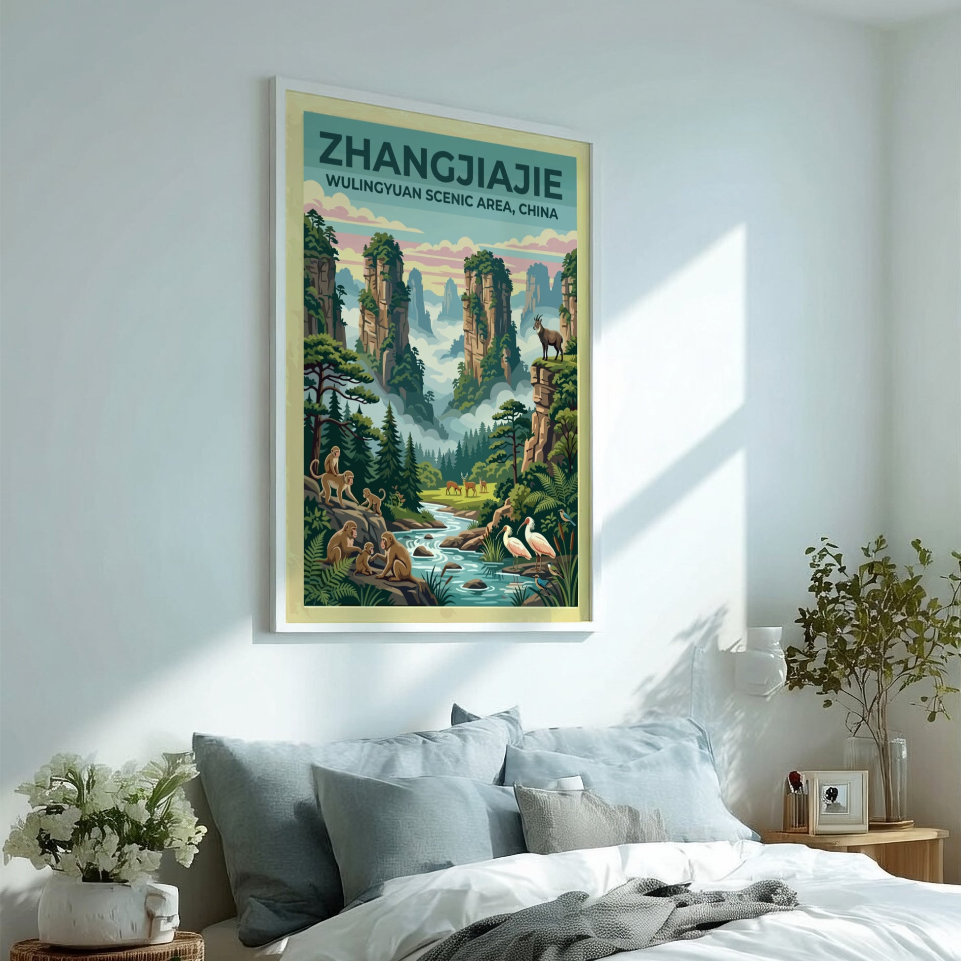 Travel poster featuring Zhangjiajie landscape with rock formations and wildlife in vintage style