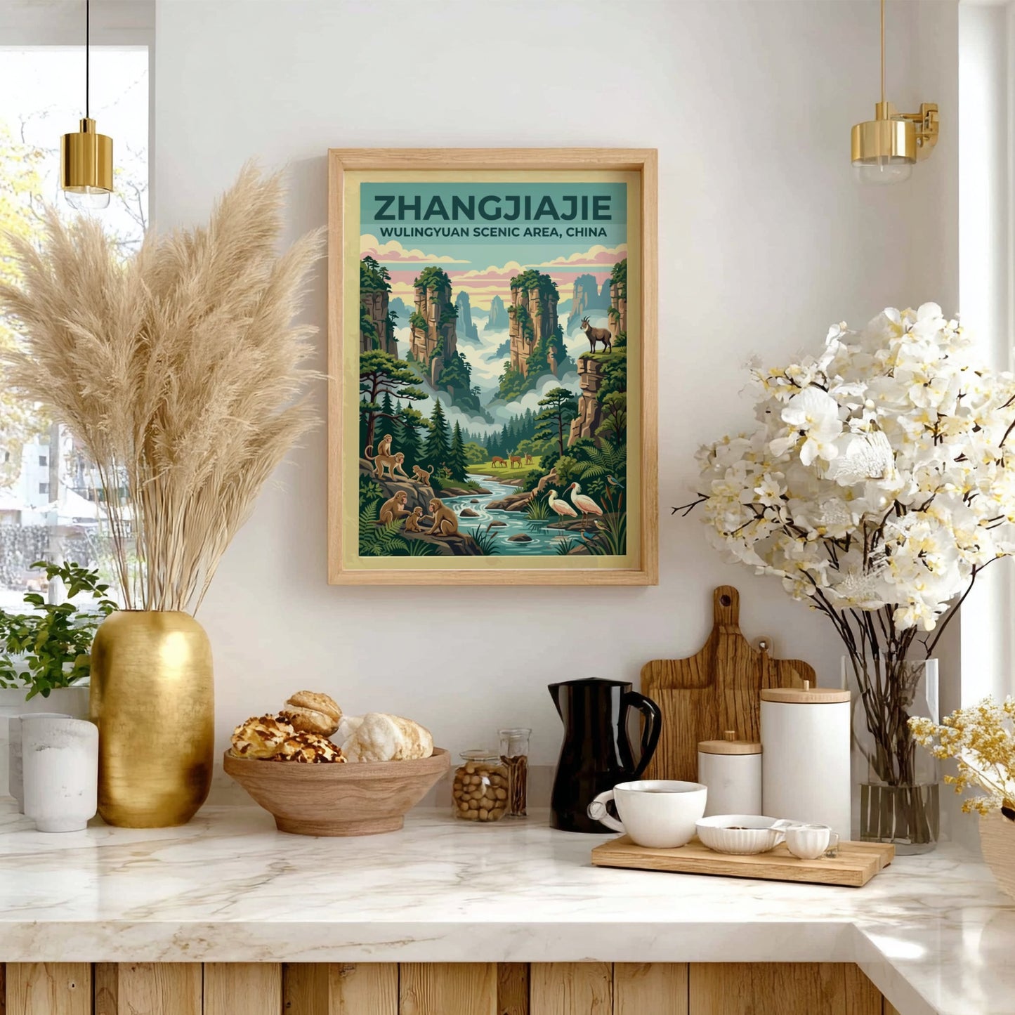 Travel poster featuring Zhangjiajie landscape with rock formations and wildlife in vintage style