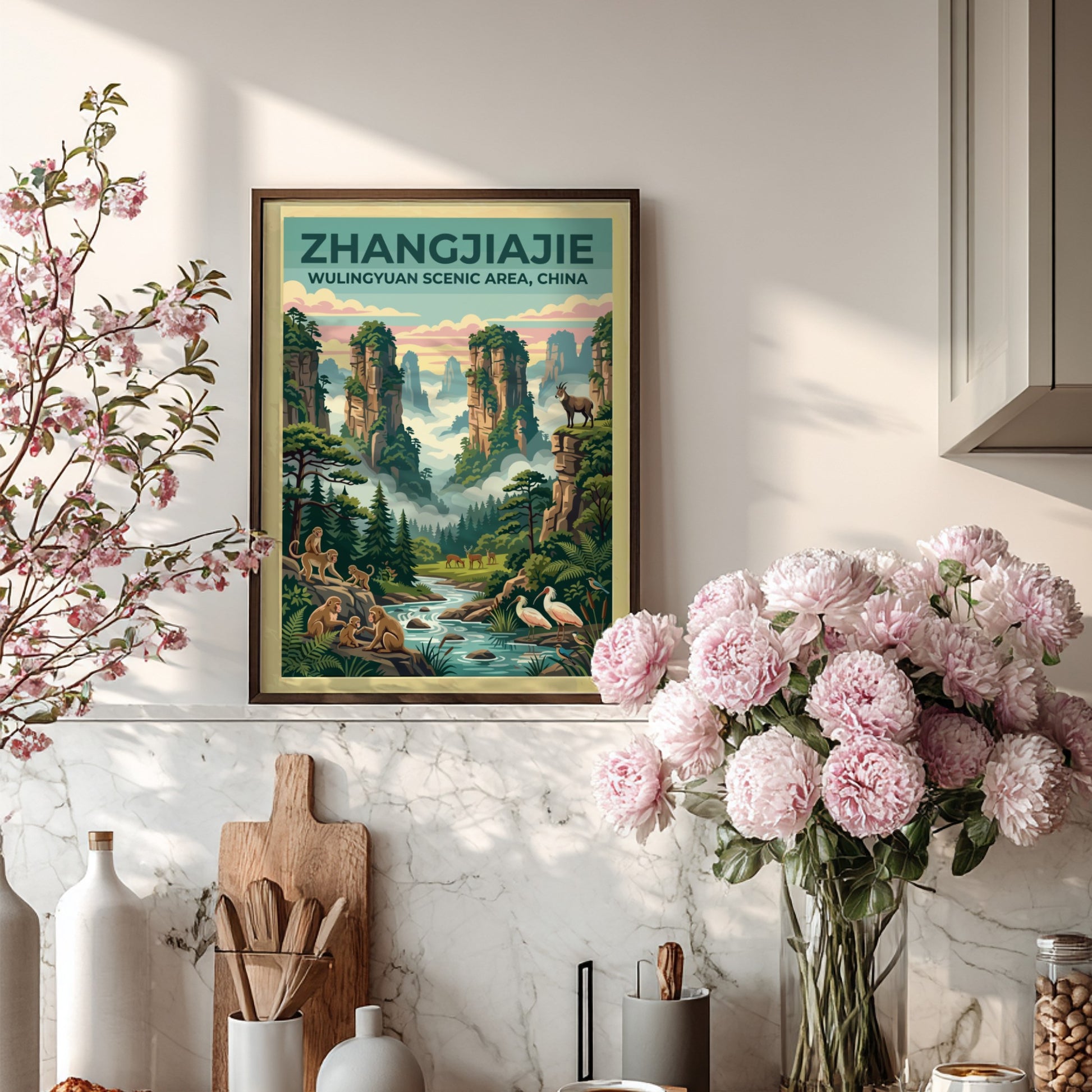 Travel poster featuring Zhangjiajie landscape with rock formations and wildlife in vintage style