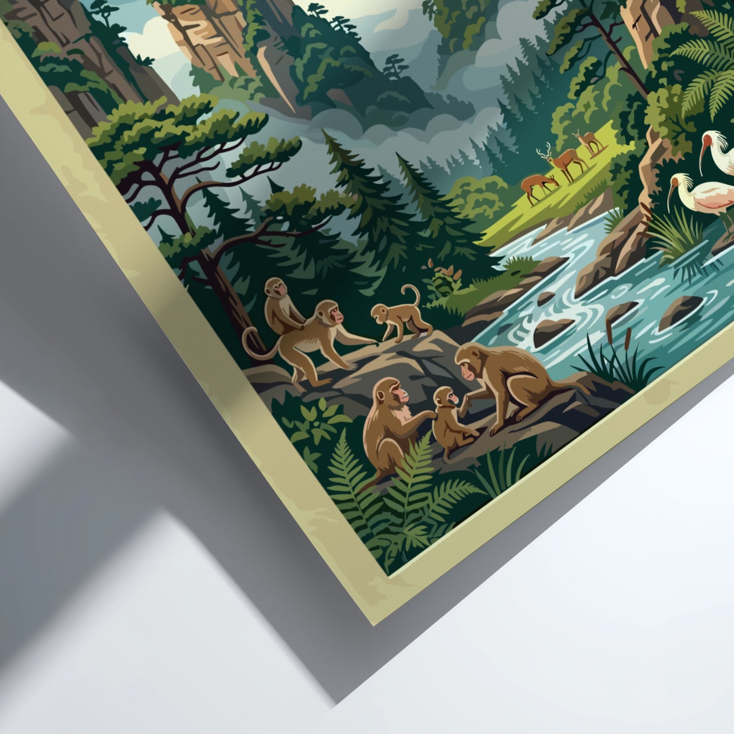 Travel poster featuring Zhangjiajie landscape with rock formations and wildlife in vintage style