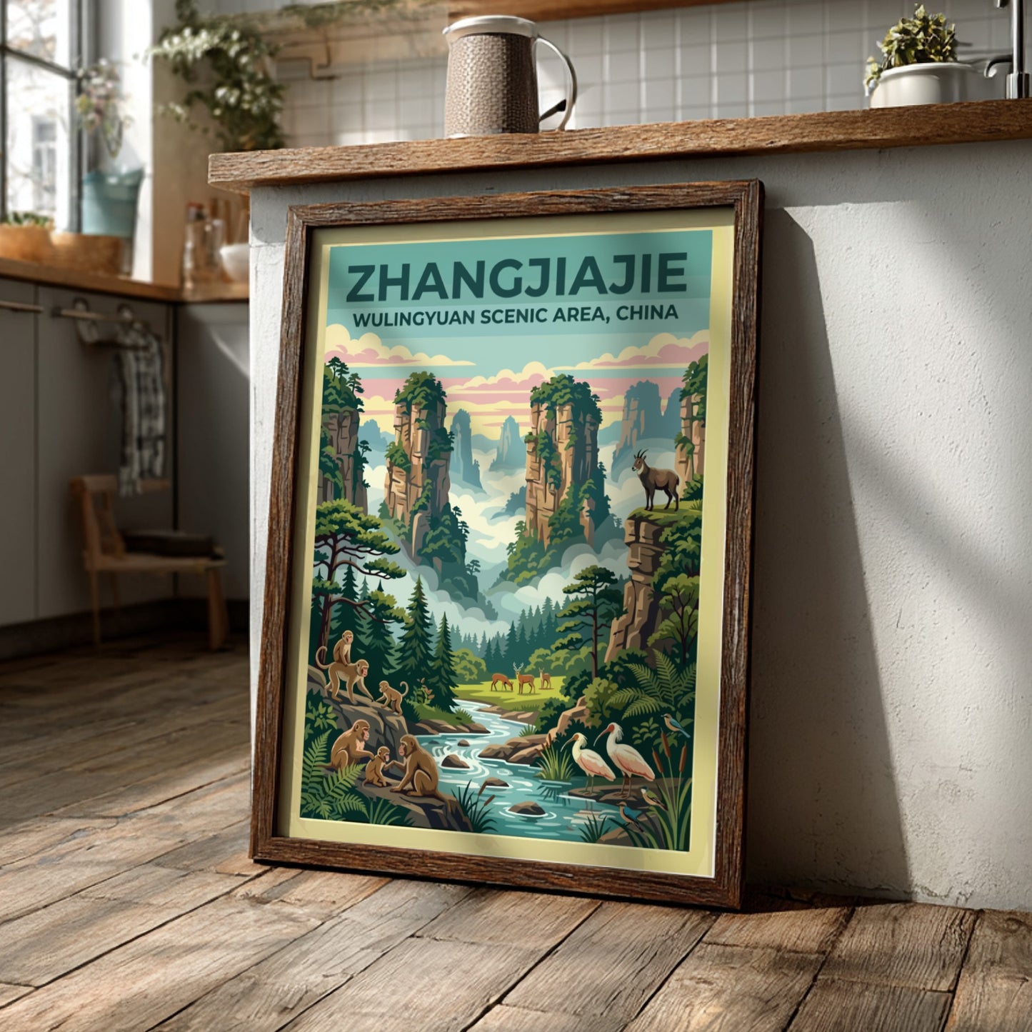 Travel poster featuring Zhangjiajie landscape with rock formations and wildlife in vintage style