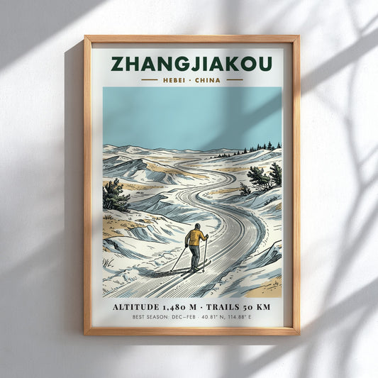 Poster of a skier on a winding snowy trail in Zhangjiakou, Hebei, China.