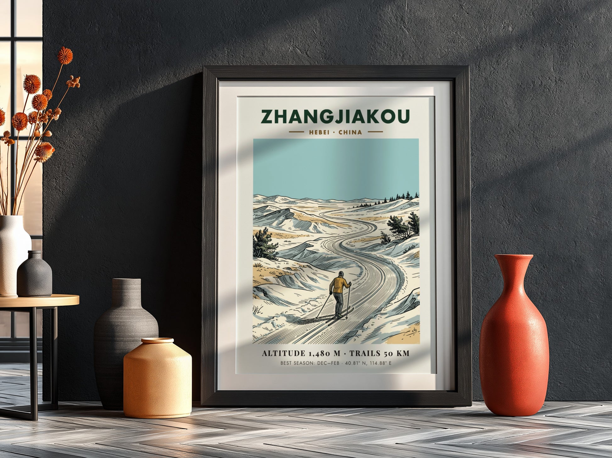 Poster of a skier on a winding snowy trail in Zhangjiakou, Hebei, China.