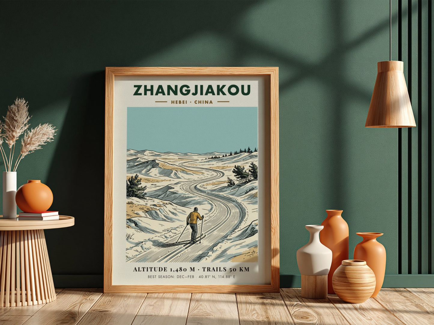 Poster of a skier on a winding snowy trail in Zhangjiakou, Hebei, China.