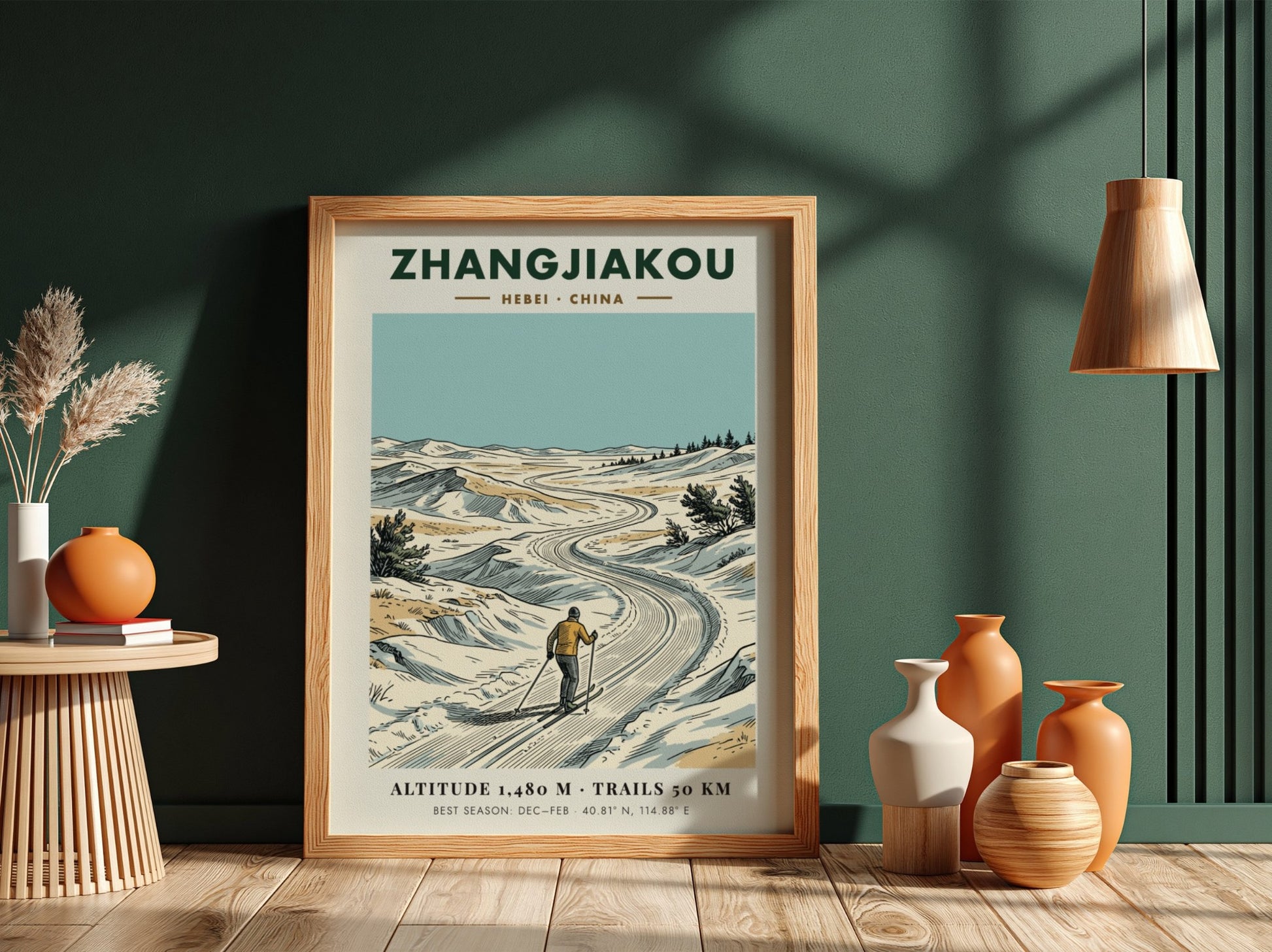 Poster of a skier on a winding snowy trail in Zhangjiakou, Hebei, China.
