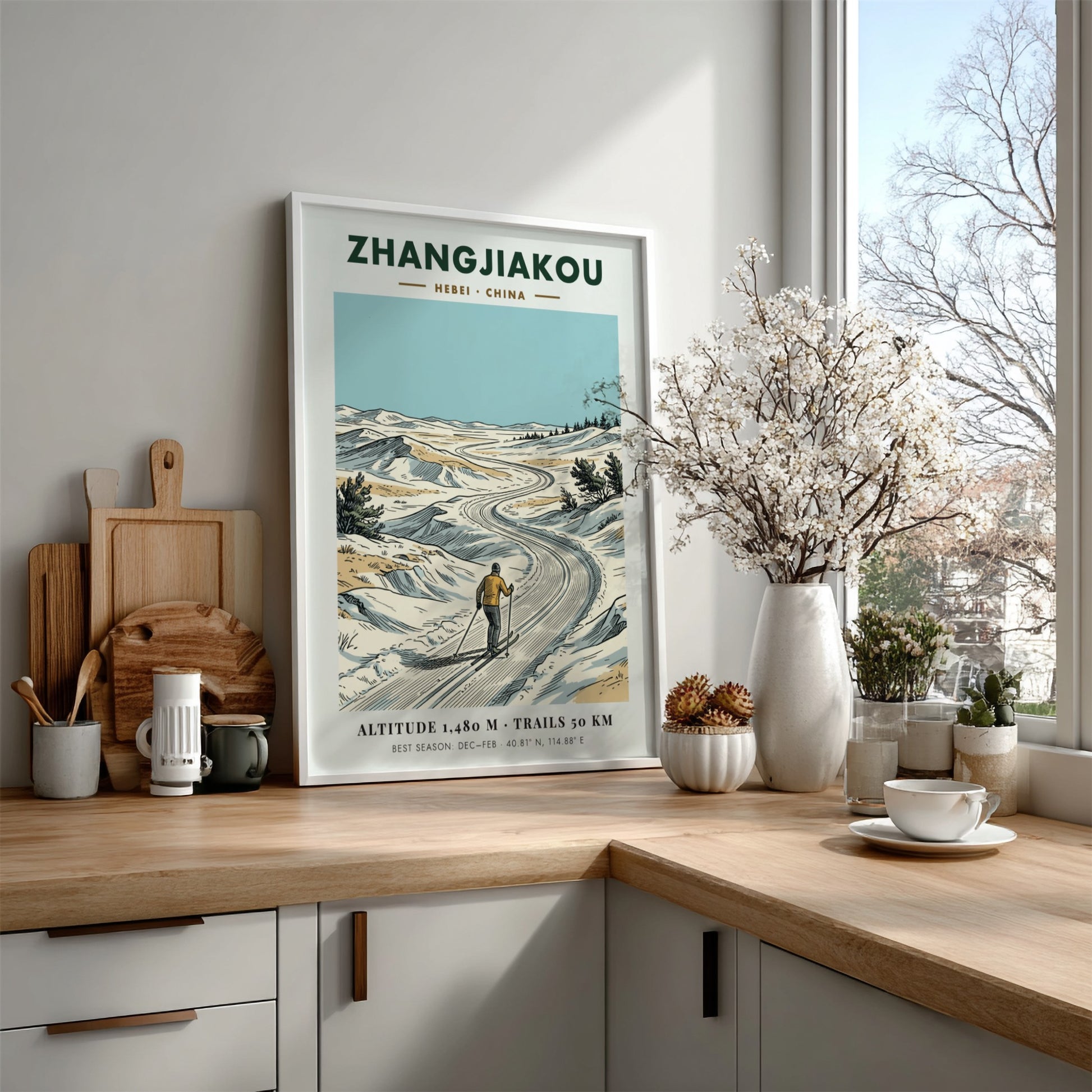Poster of a skier on a winding snowy trail in Zhangjiakou, Hebei, China.