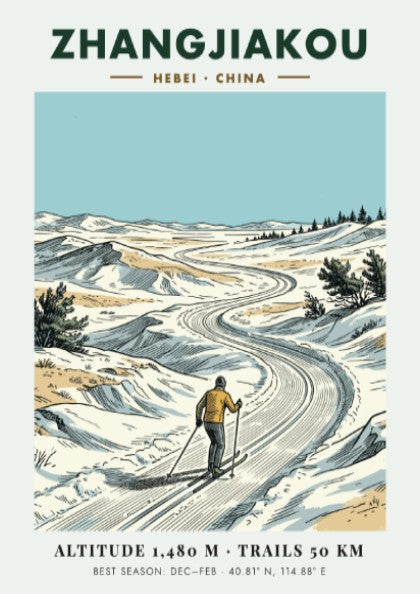 Poster of a skier on a winding snowy trail in Zhangjiakou, Hebei, China.
