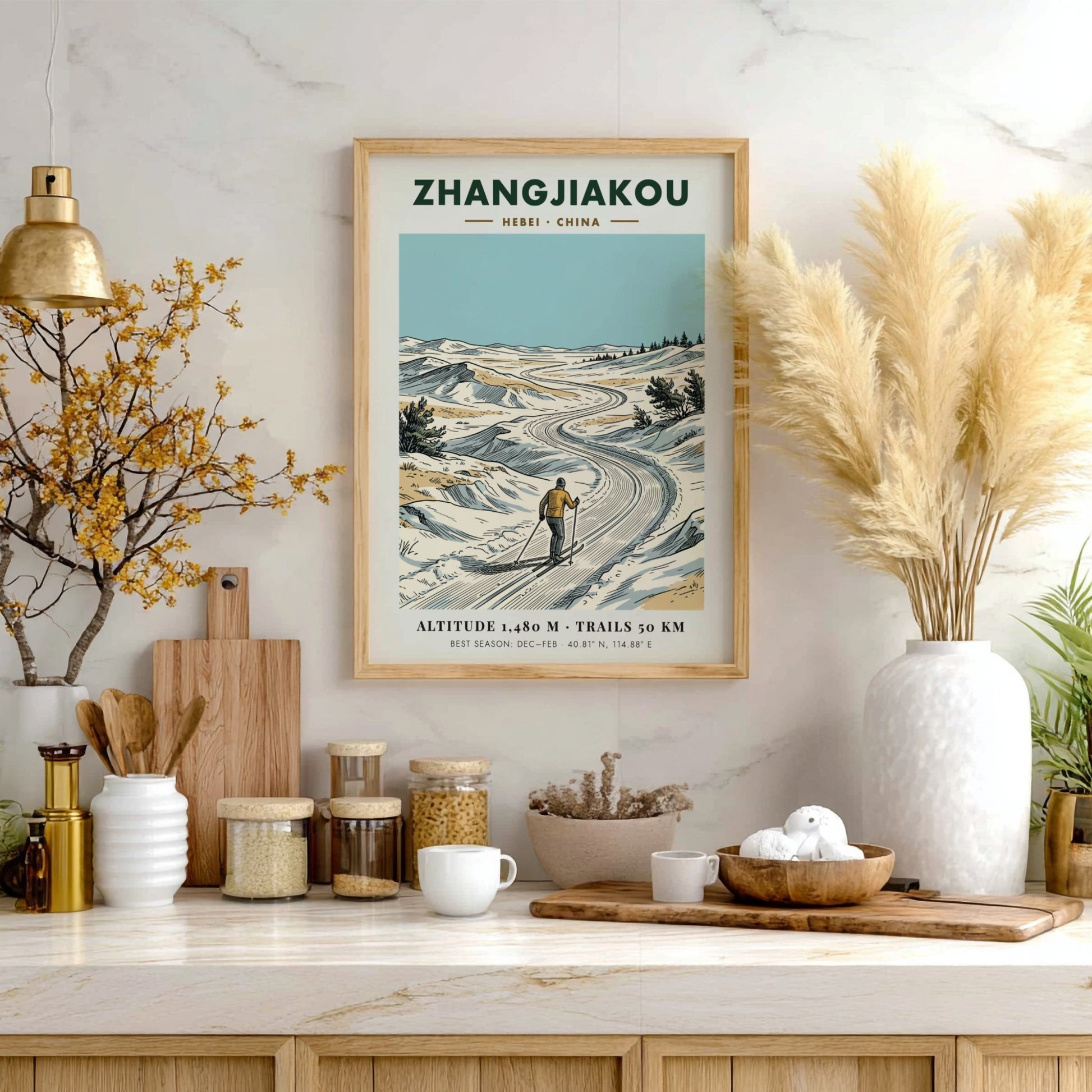 Poster of a skier on a winding snowy trail in Zhangjiakou, Hebei, China.